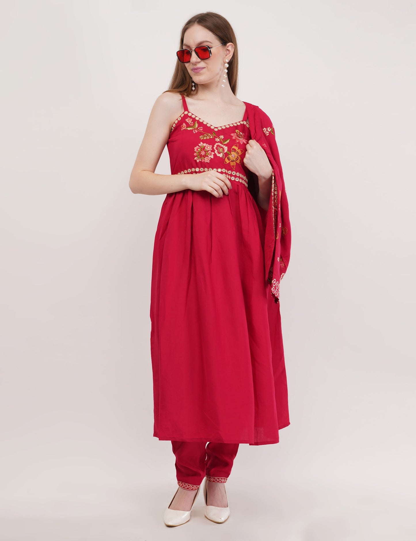 Red Viscose Silk Anarkali Set With Jacket Anarkali - Set Of 3
