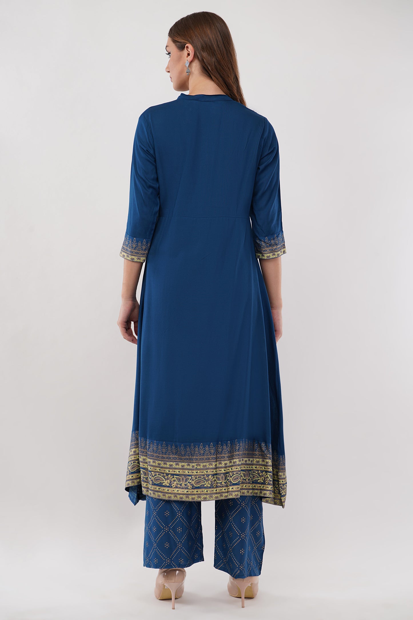 Teal Blue Anarkali Block Printed, Contrast Button Details - Set Of 3