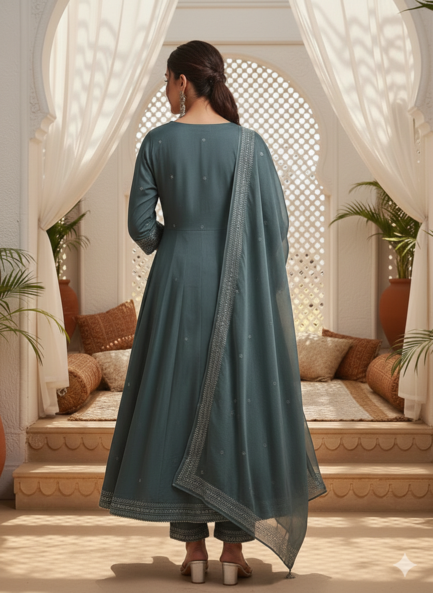 Teal Poly Silk Anarkali Kurta Pant With Dupatta