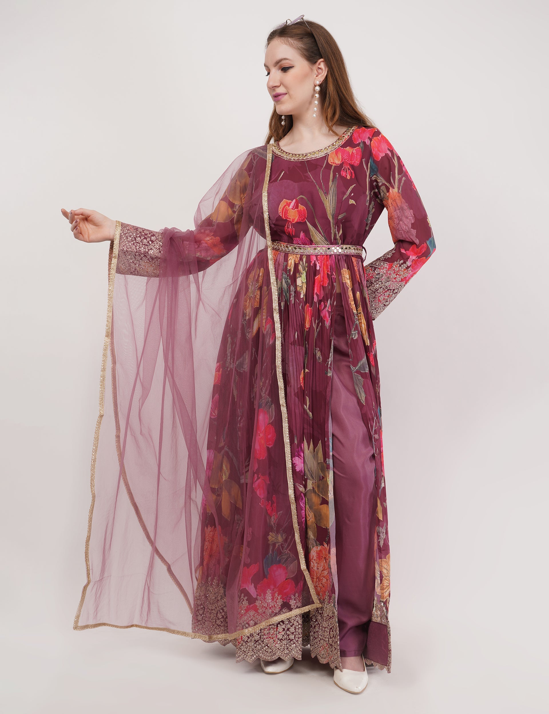 Wine Printed Anarkali Set With Slit & Dupatta - Set Of 3