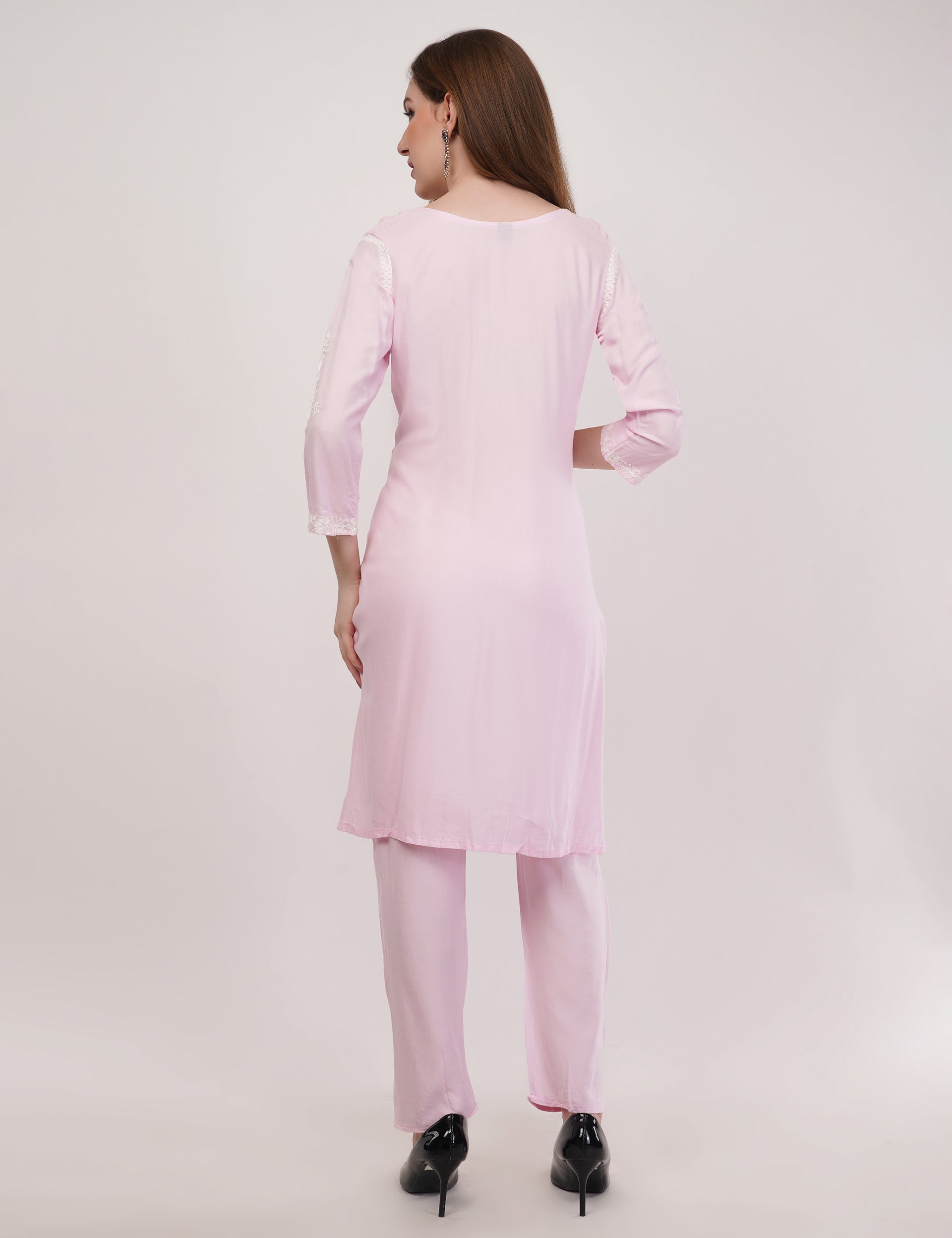 Light Pink Ethnic Kurti Co-Ord Set With White Embroidery - Set Of 2