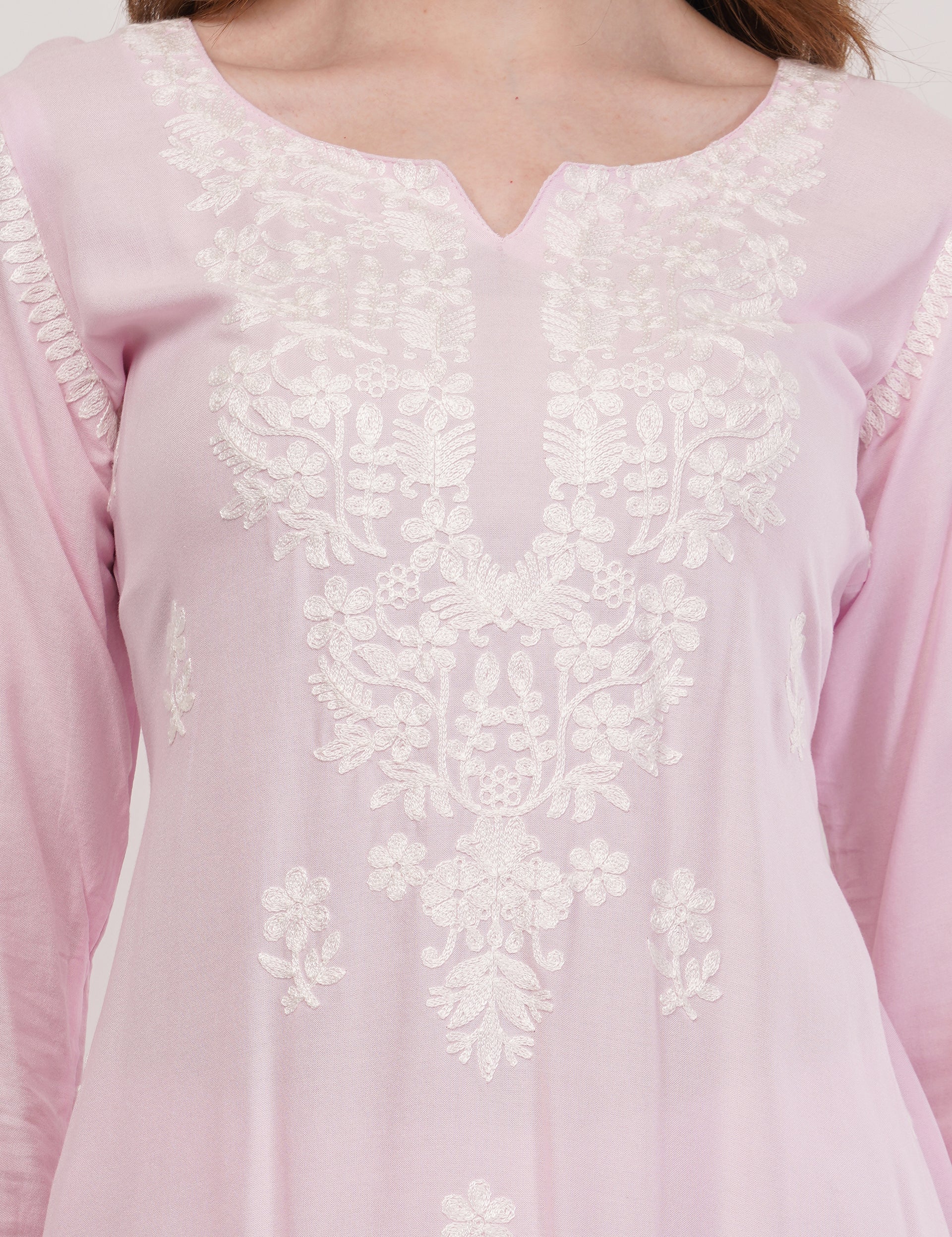 Light Pink Ethnic Kurti Co-Ord Set With White Embroidery - Set Of 2