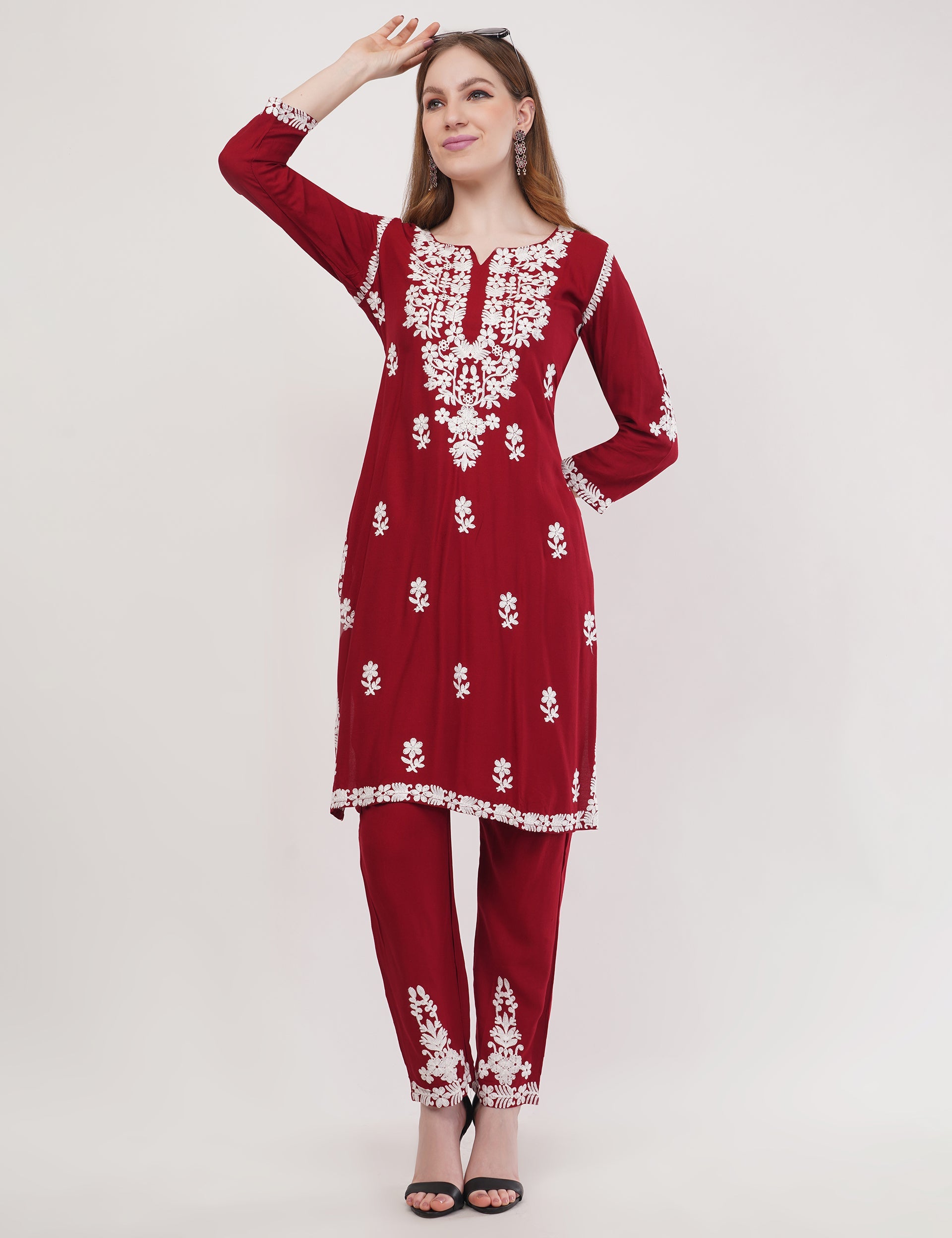 Maroon Ethnic Kurti Co-Ord Set With White Embroidery - Set Of 2