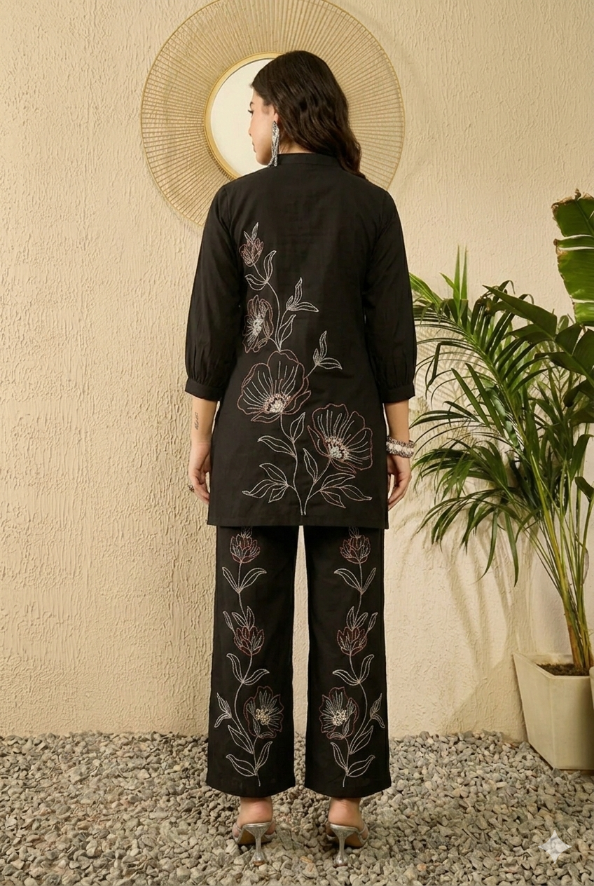 Black Silk Blend Solid Embroidered Coord Sets