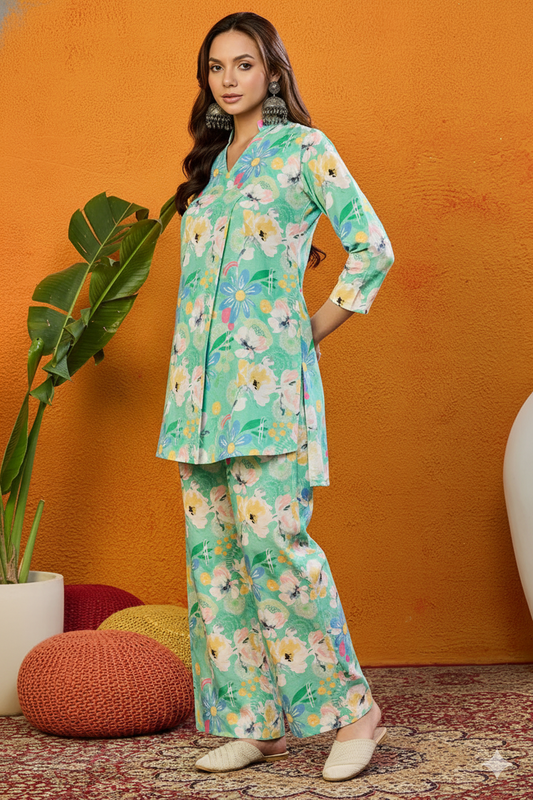 Green Rayon Blend Floral Printed Straight Co-ords Sets