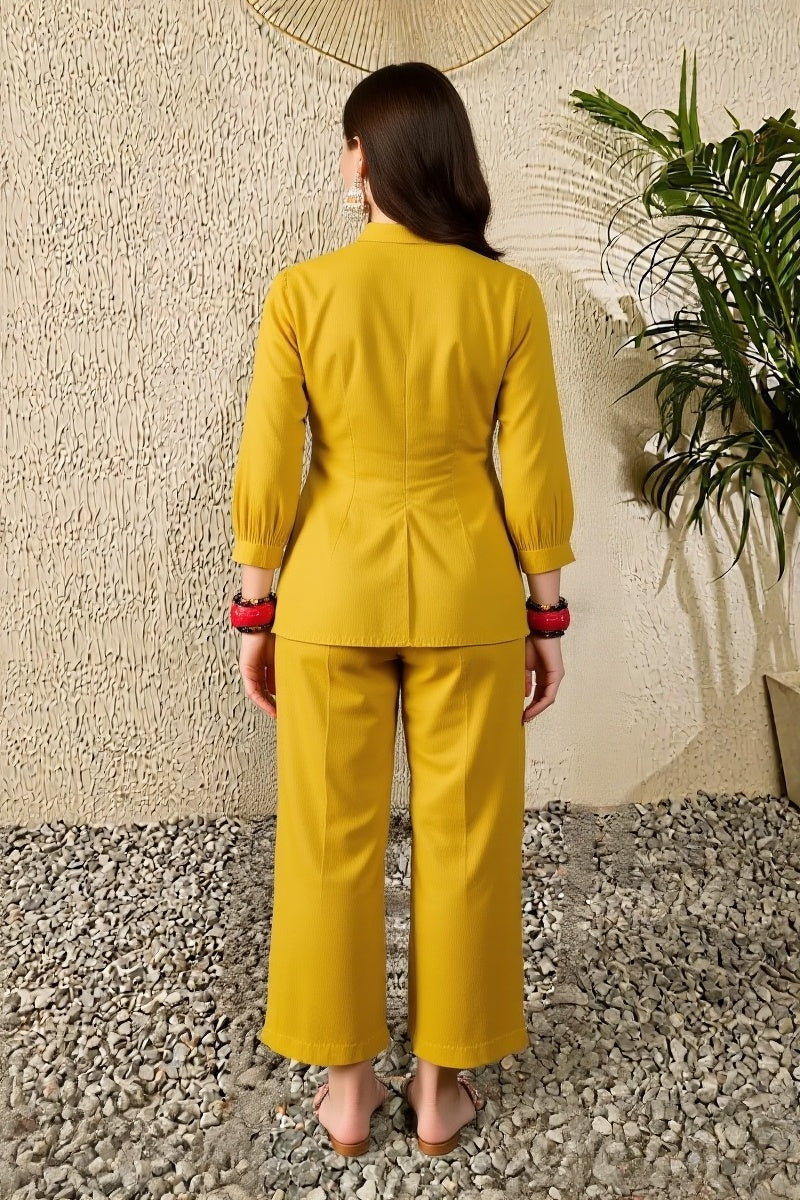 Mustard Silk Blend Solid Embroidered Regular Coord Sets