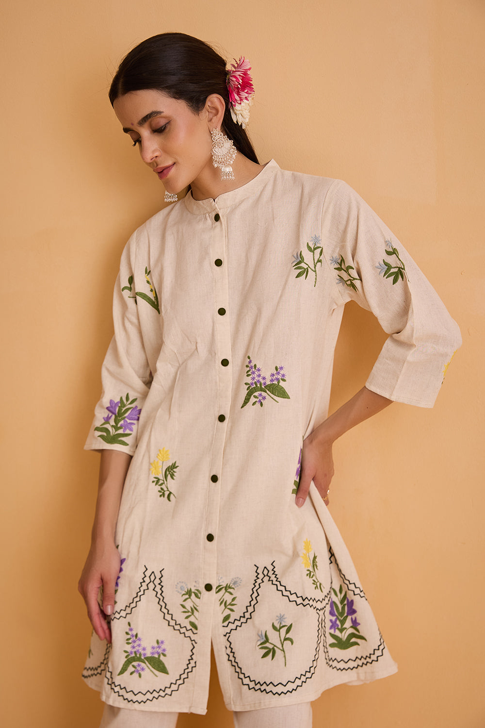 dhartii  natural white Blossom Floral Cotton Co-Ord Set