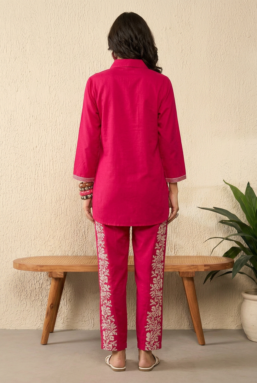 Pink Silk Blend Solid Embroidered Regular Coord Sets