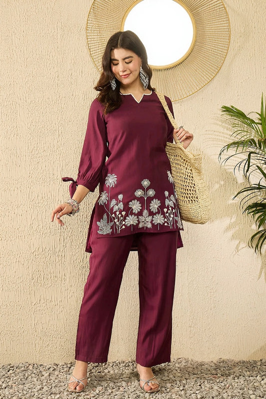 Purple Silk Blend Solid Embroidered Coord Sets