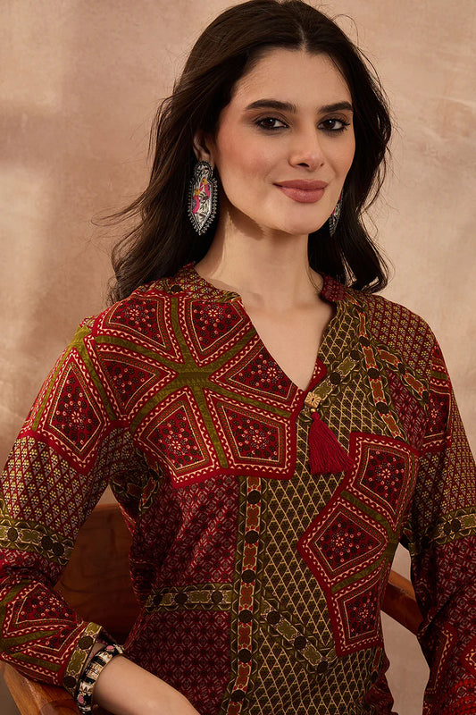 Red Viscose Rayon Printed Straight Coord Sets