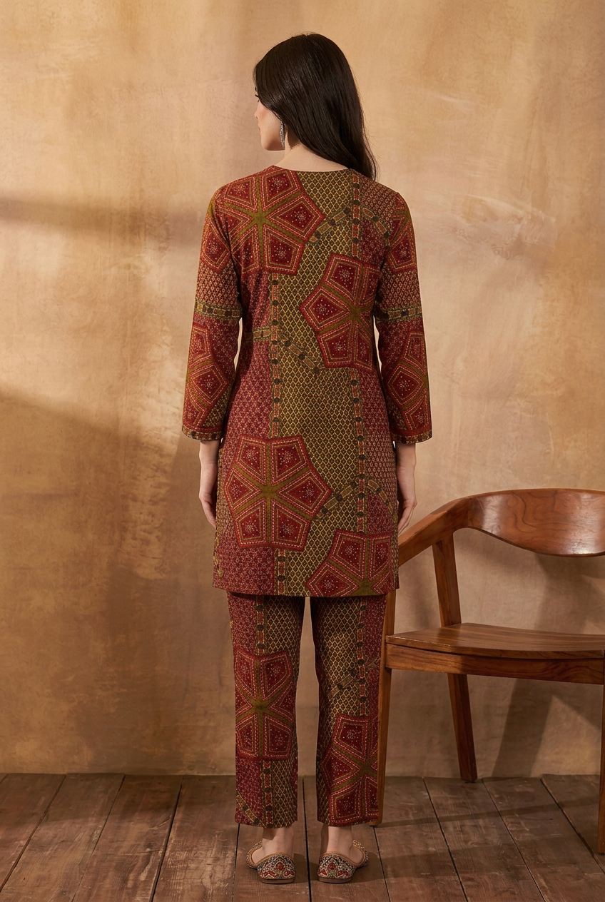 Red Viscose Rayon Printed Straight Coord Sets