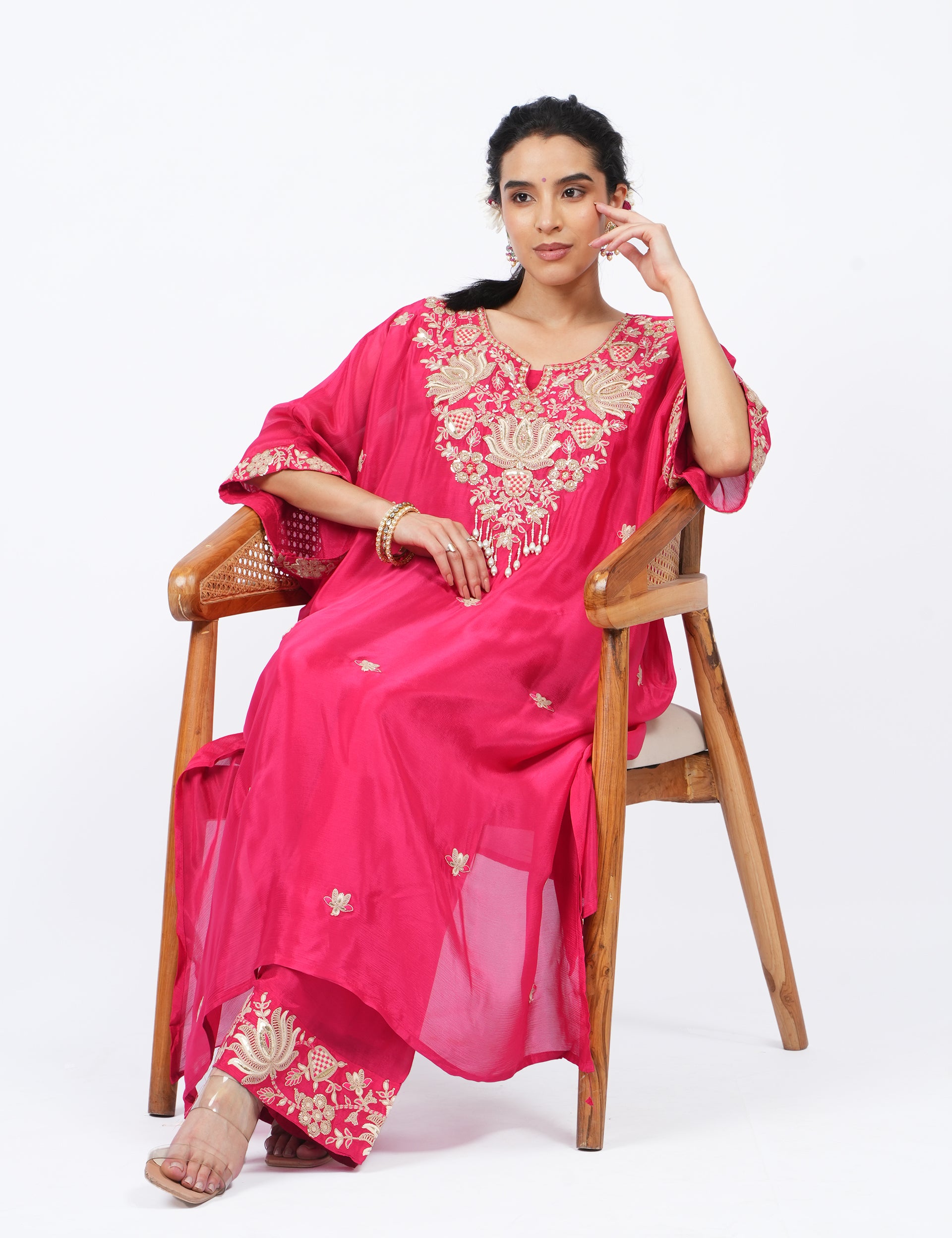 dhartii  Crimson Charming Red Embroidered Chinon Co-Ord Set