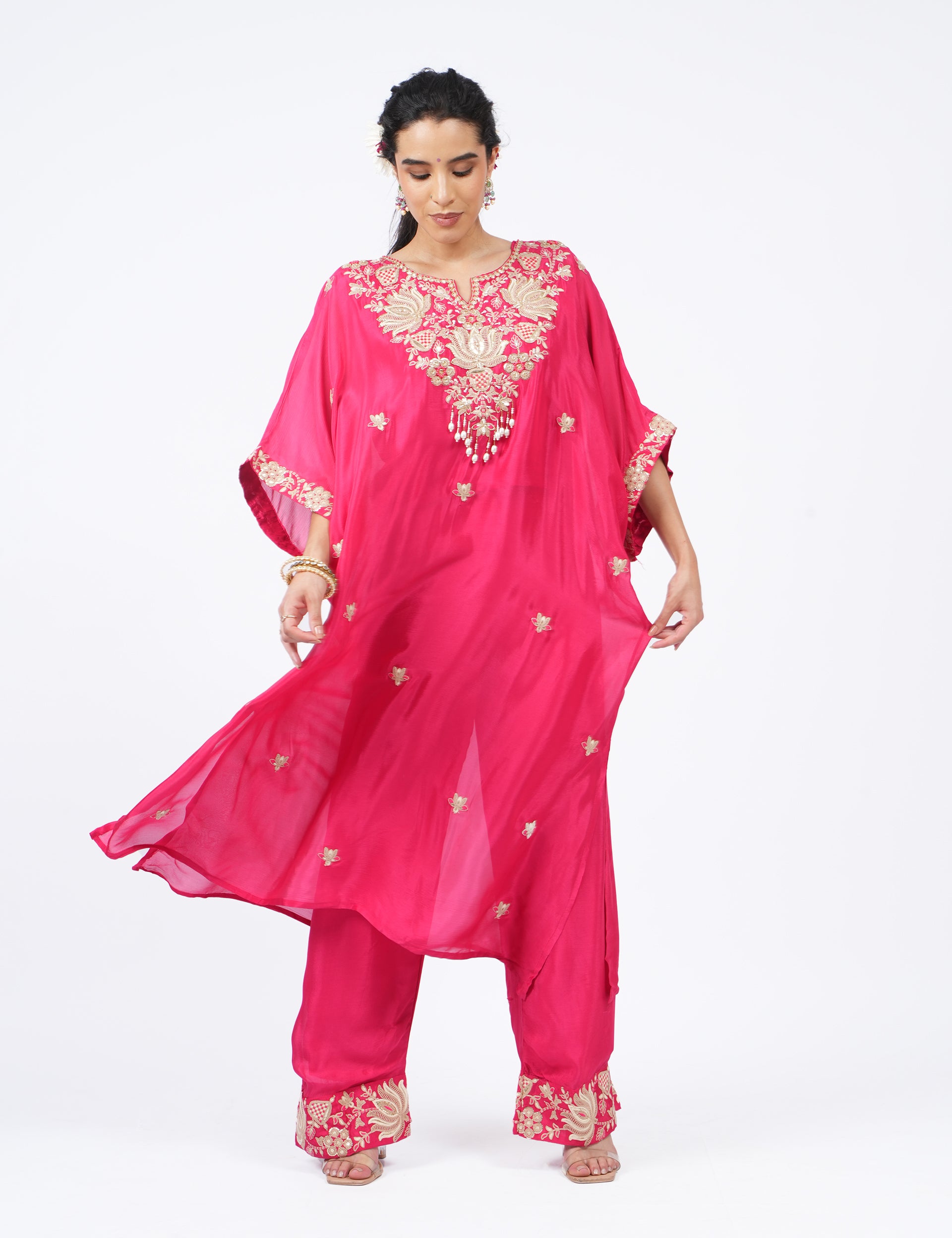 dhartii  Crimson Charming Red Embroidered Chinon Co-Ord Set