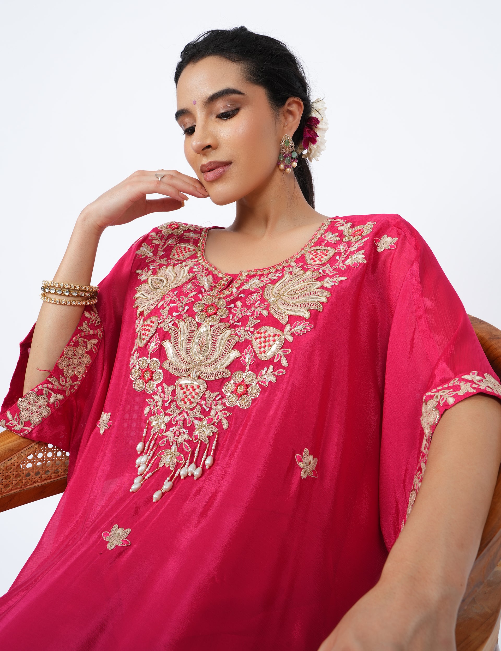 dhartii  Crimson Charming Red Embroidered Chinon Co-Ord Set