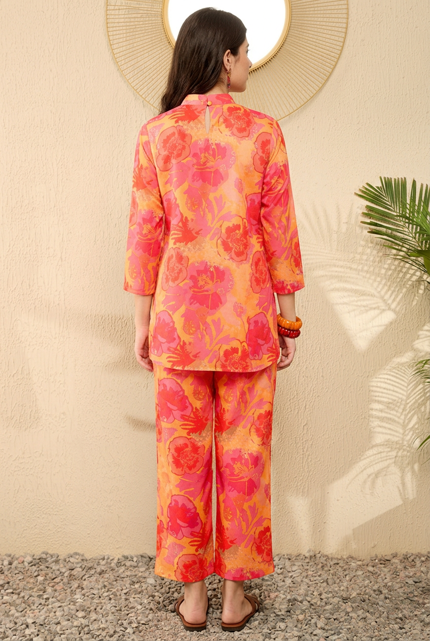 Yellow Rayon Blend Floral Printed Tunic With Palazzo Co-ord Sets