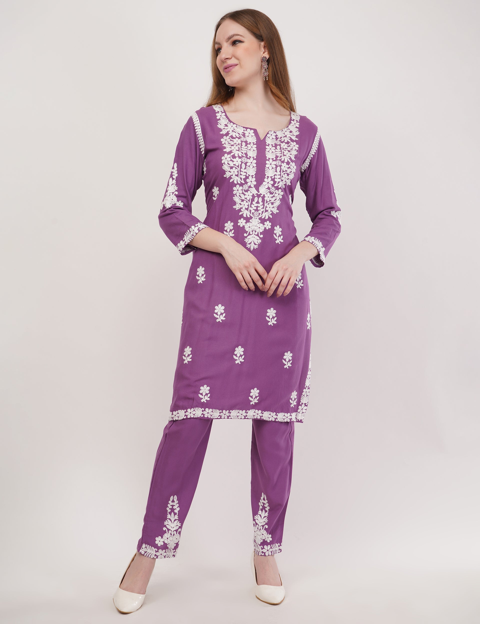 Purple Ethnic Kurti Co-Ord Set With White Embroidery - Set Of 2
