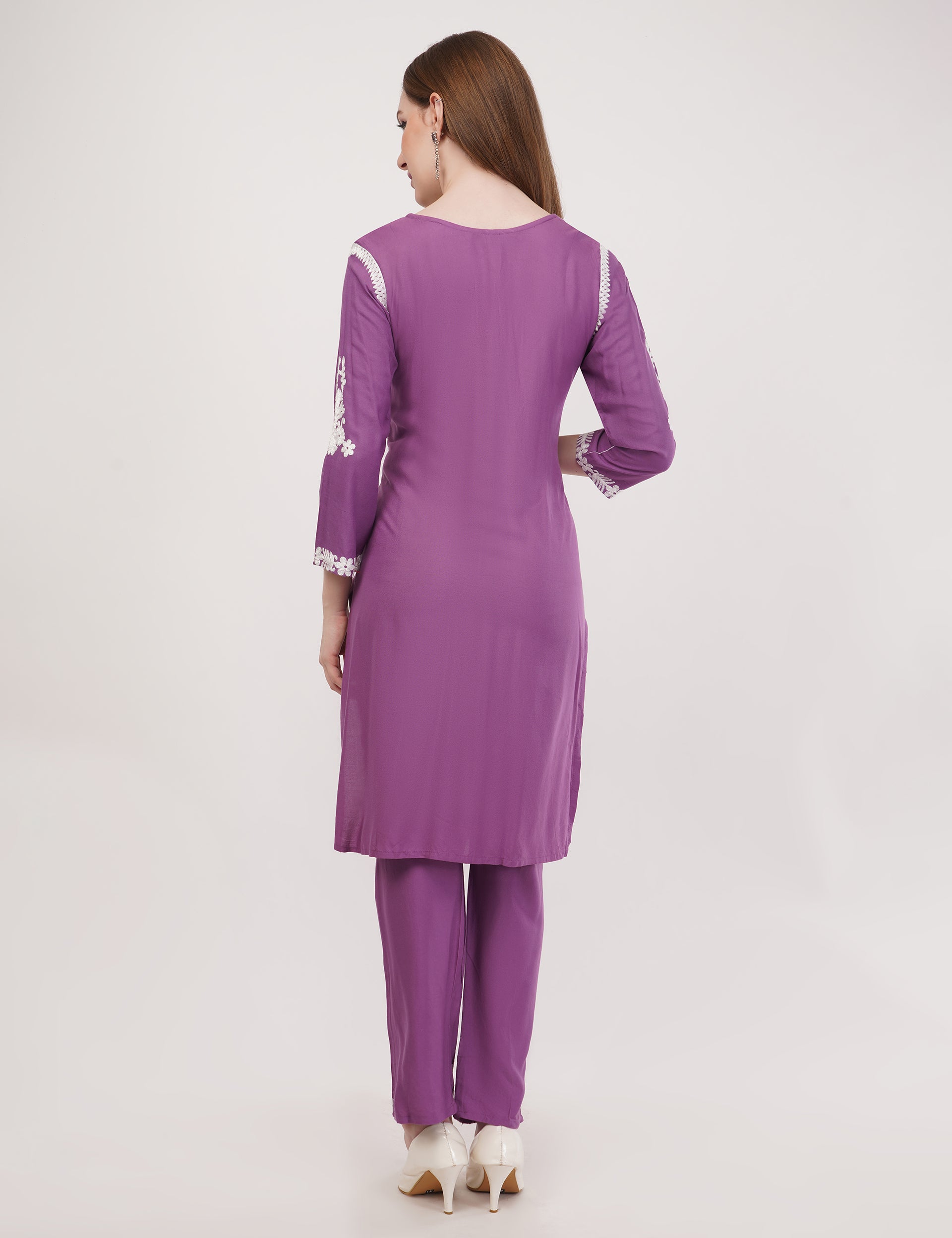 Purple Ethnic Kurti Co-Ord Set With White Embroidery - Set Of 2