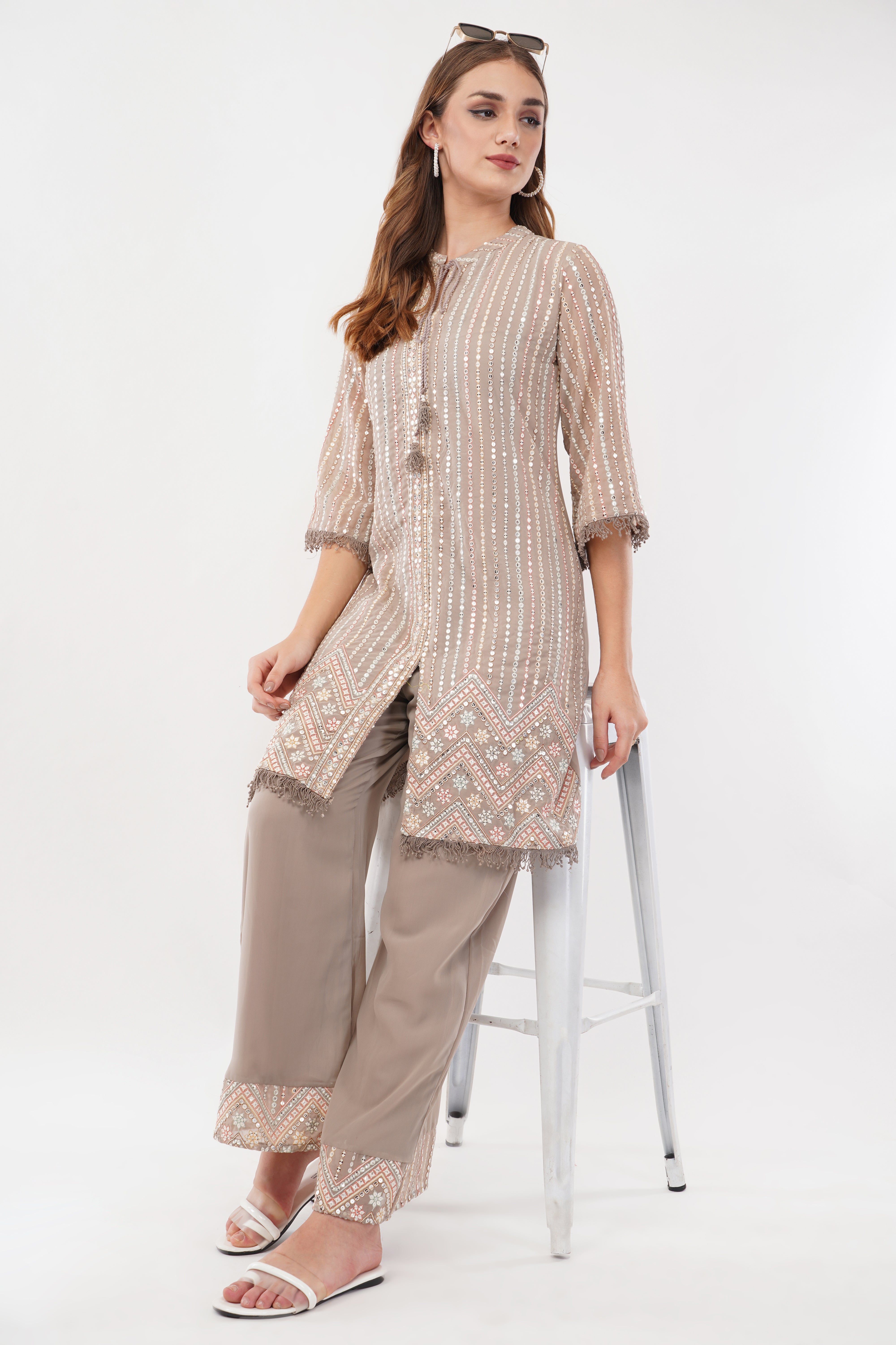 Beige Georgette Georgette Embroidered Pastel Co-Ord Set - Set Of 2