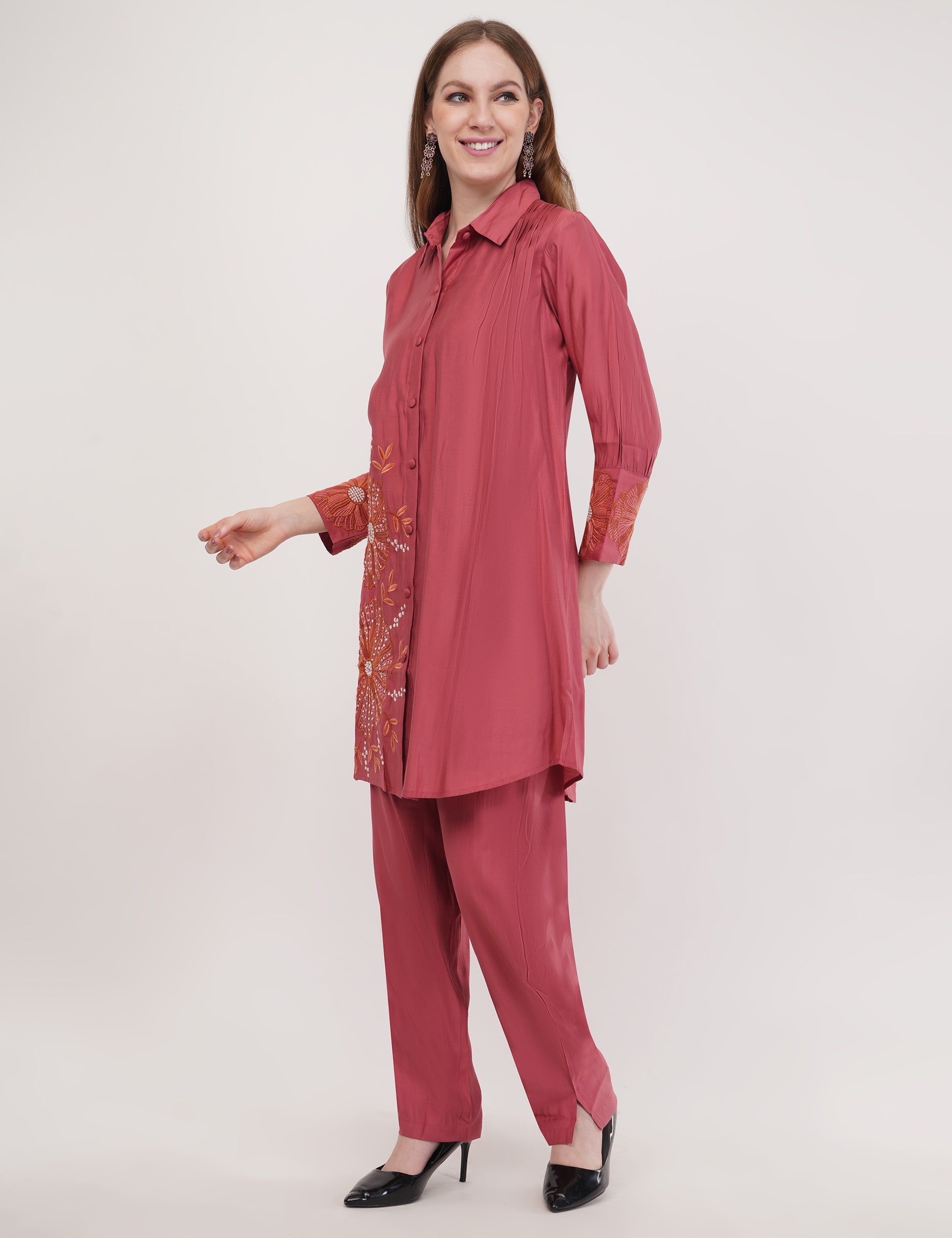 Dusty Rose Roman Silk Embroidered Shirt Co-Ord Set With Asymmetric Hem  - Set Of 2
