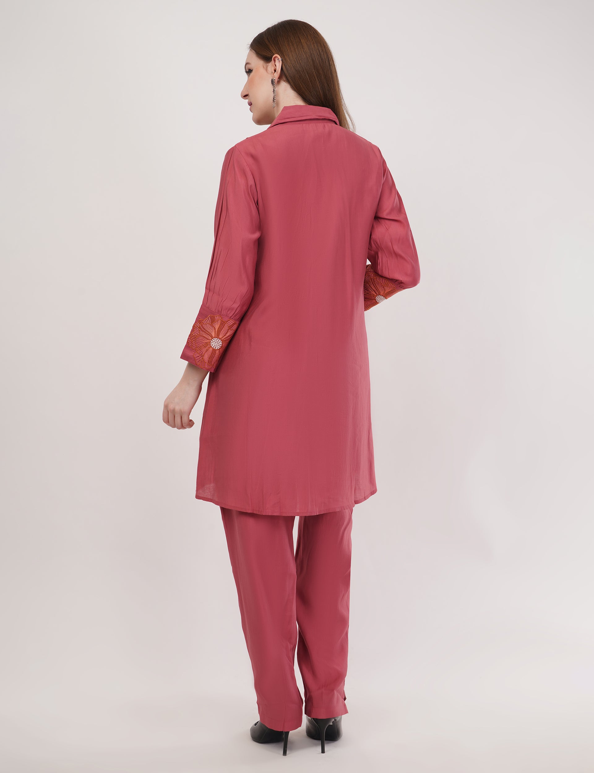 Dusty Rose Roman Silk Embroidered Shirt Co-Ord Set With Asymmetric Hem  - Set Of 2