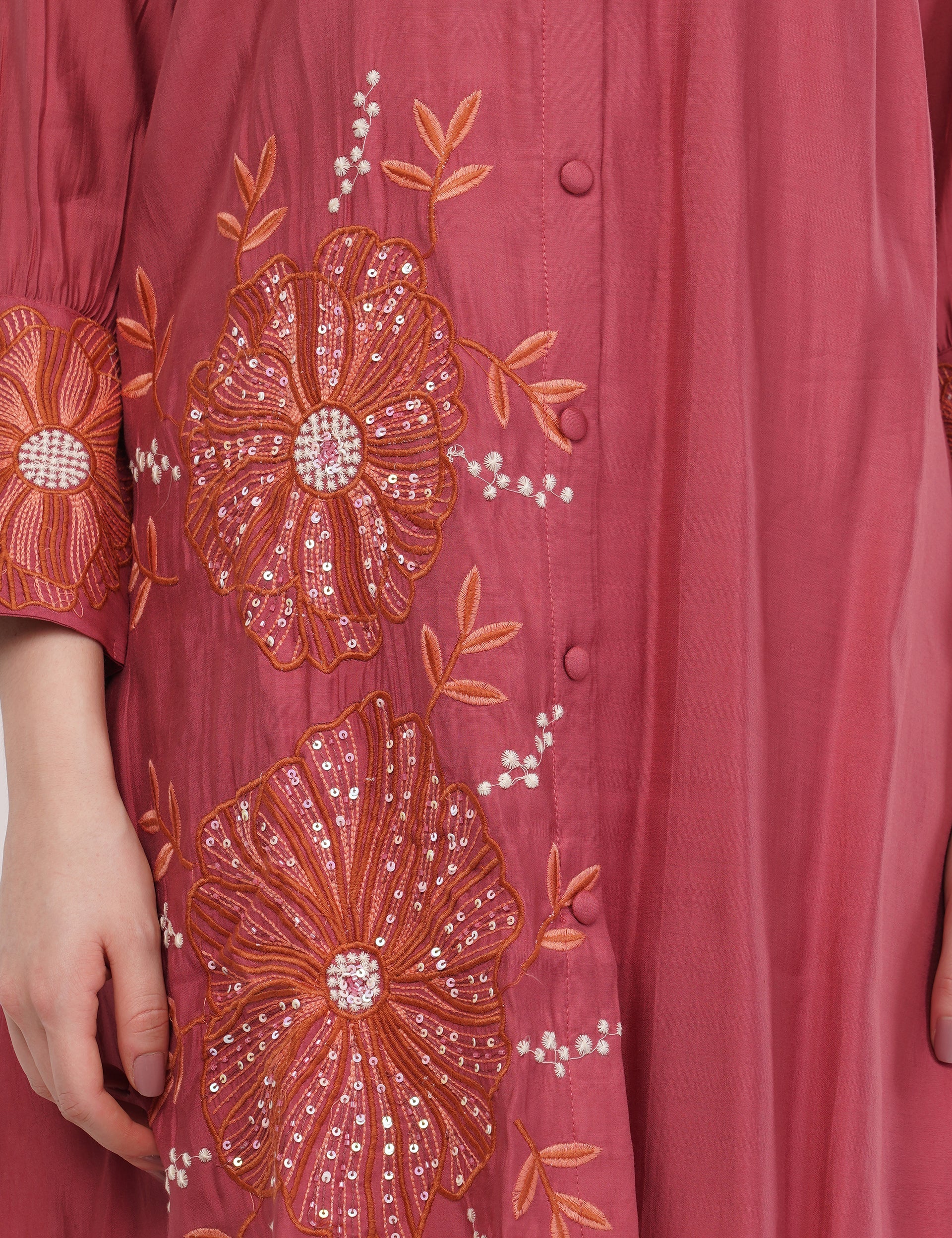 Dusty Rose Roman Silk Embroidered Shirt Co-Ord Set With Asymmetric Hem  - Set Of 2