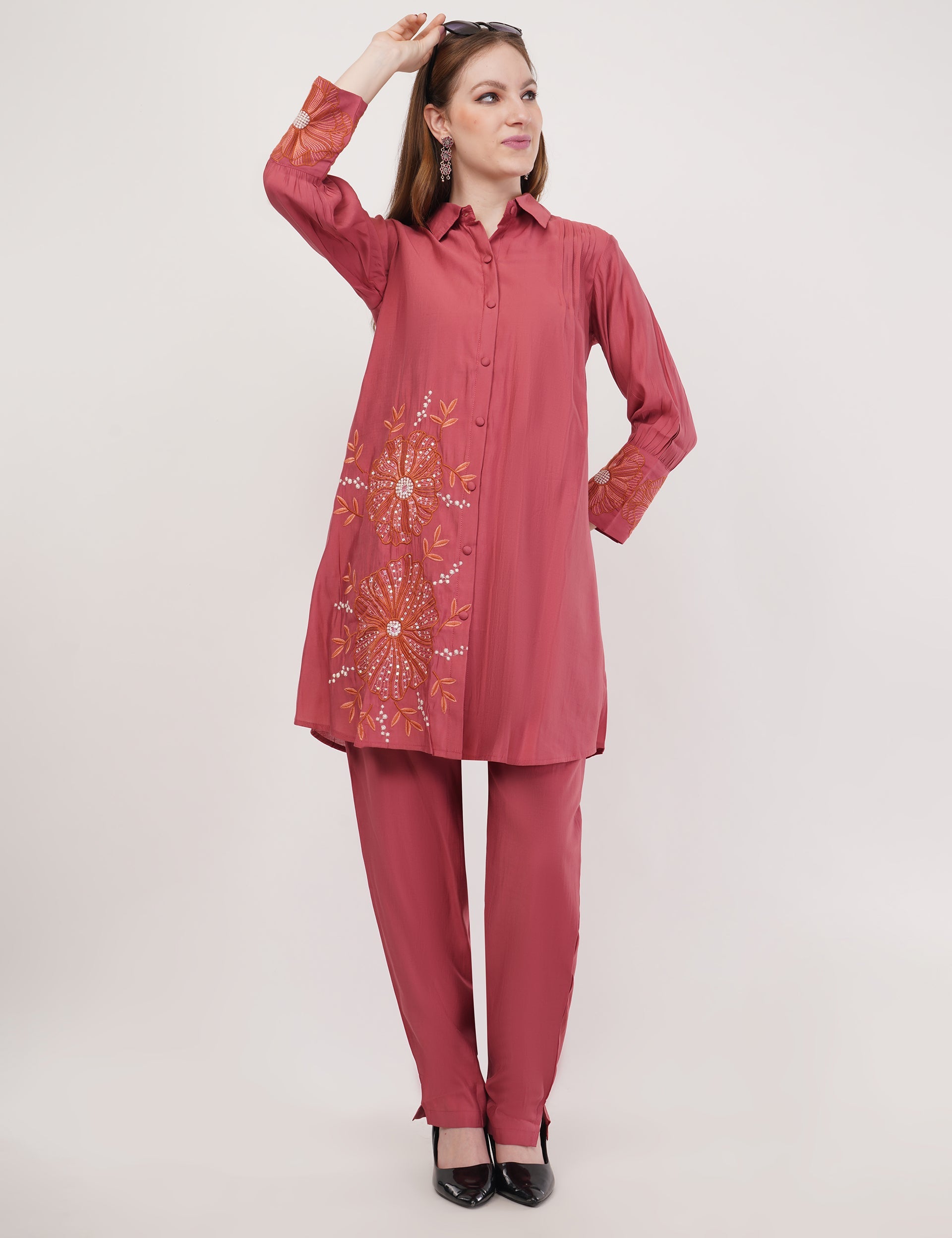 Dusty Rose Roman Silk Embroidered Shirt Co-Ord Set With Asymmetric Hem  - Set Of 2