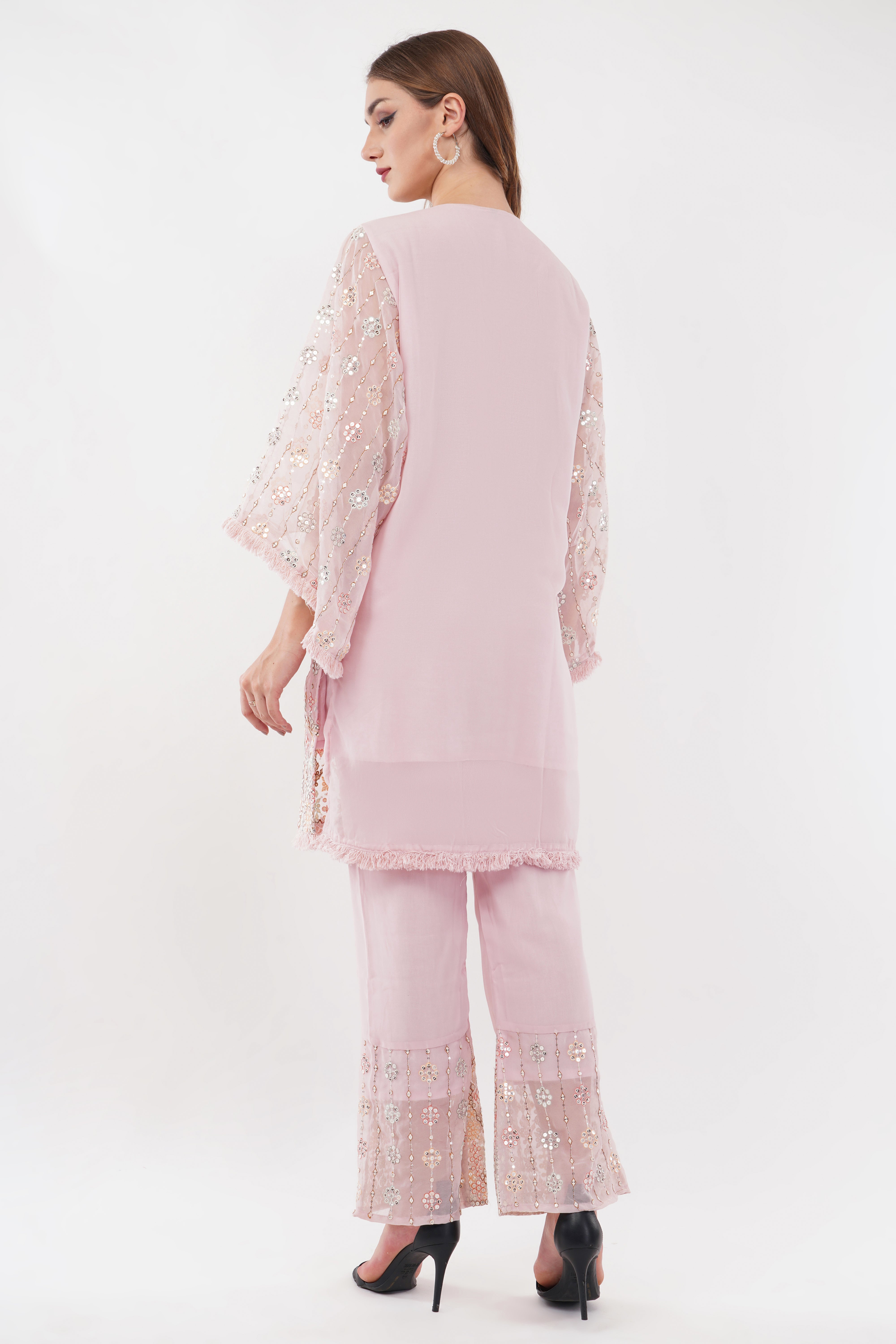 Light Pink Georgette Embroidered Pastel Co-Ord Set - Set Of 2