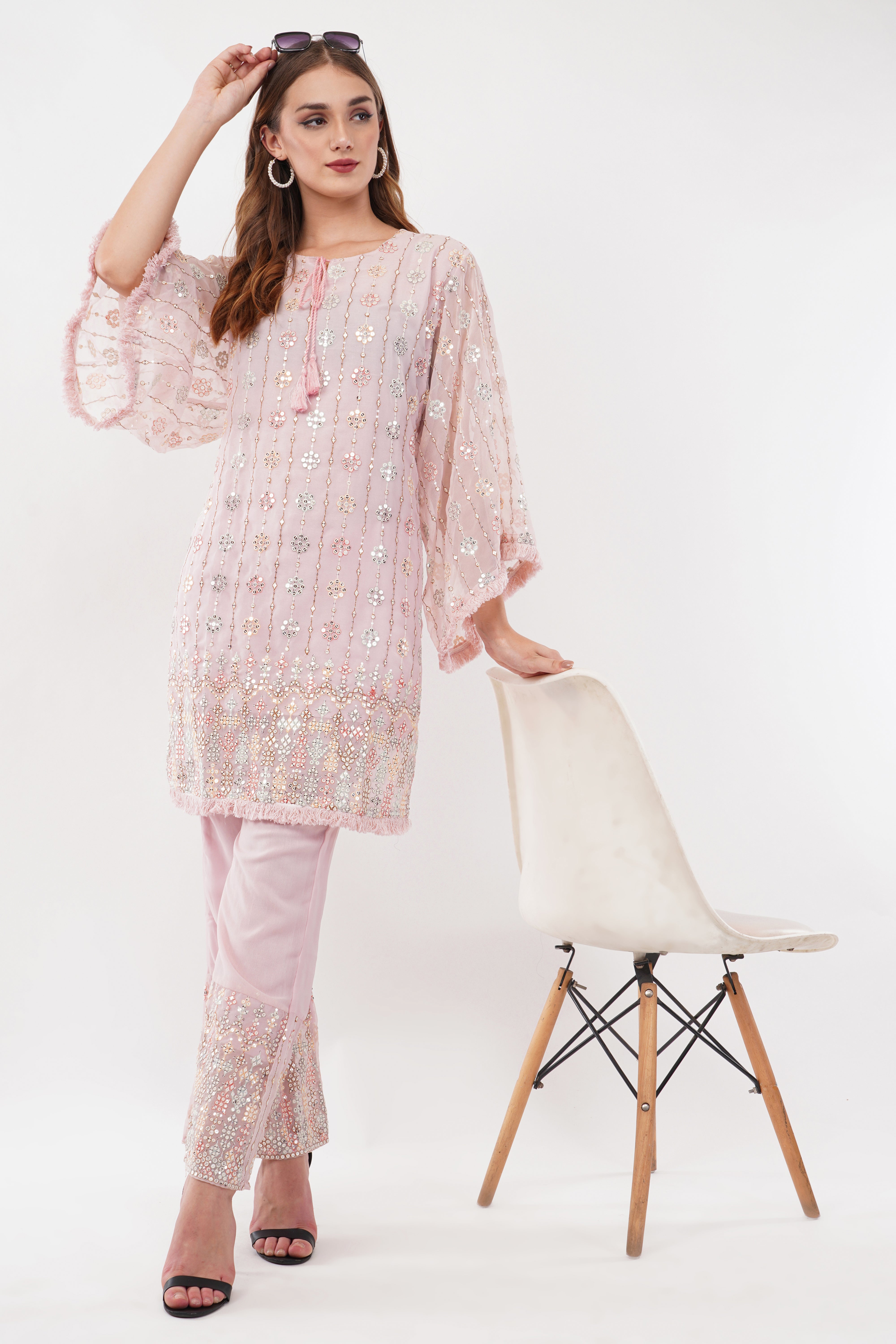 Light Pink Georgette Embroidered Pastel Co-Ord Set - Set Of 2