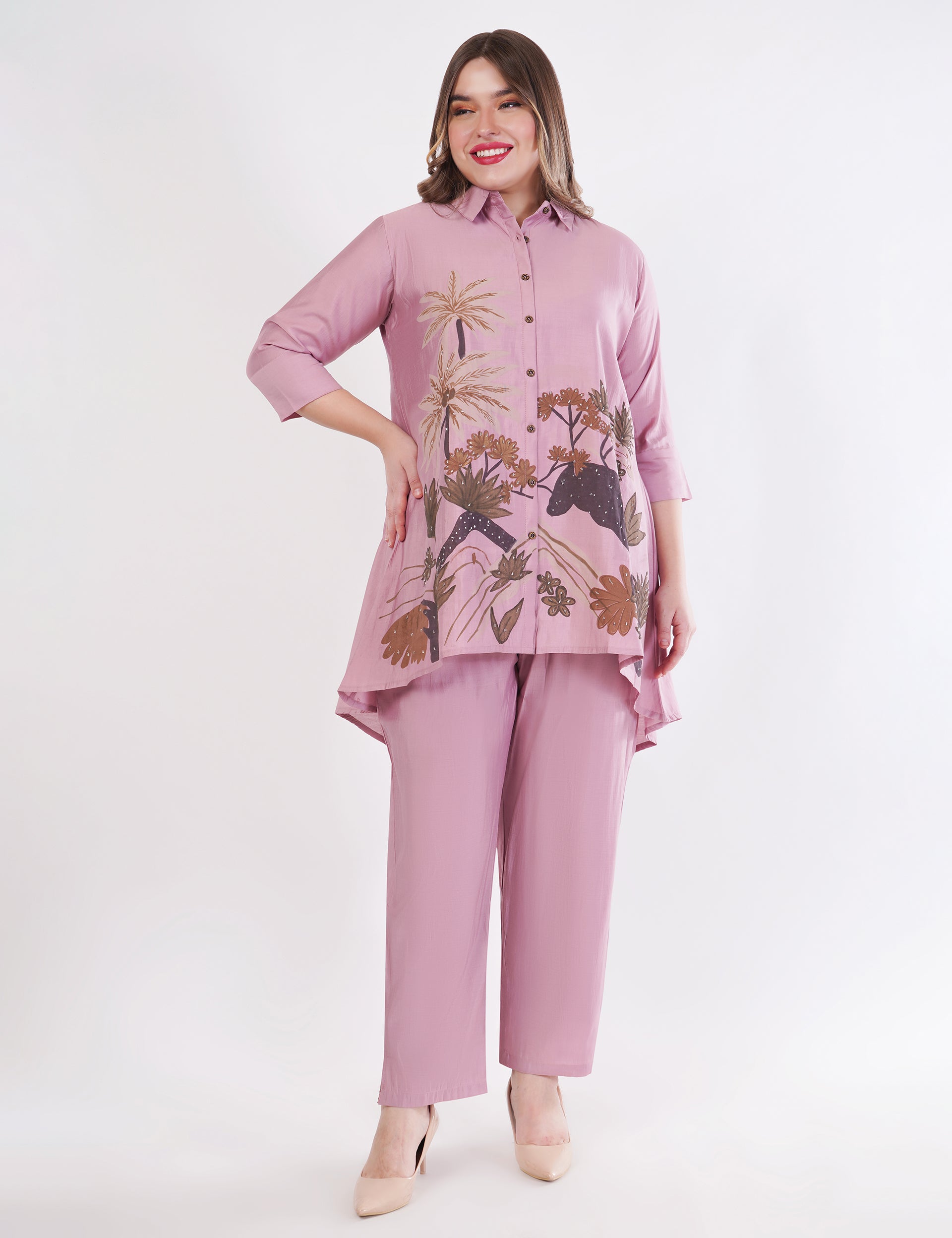 Light Pink Roman Silk Embroidered Shirt Co-Ord Set With Asymmetric Hem  - Set Of 2