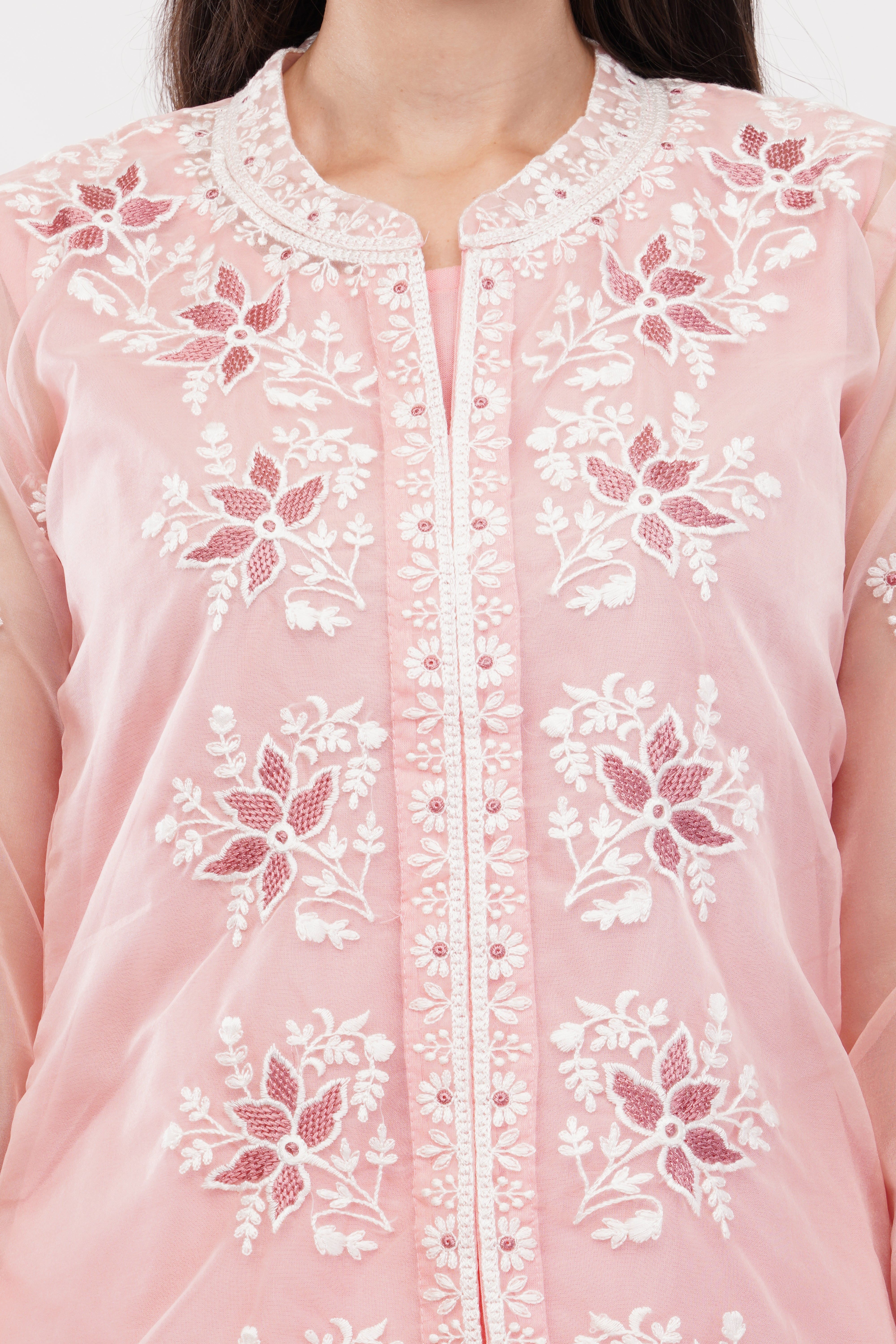 Light Pink Embroidered Organza Co-Ord Set - Set Of 3