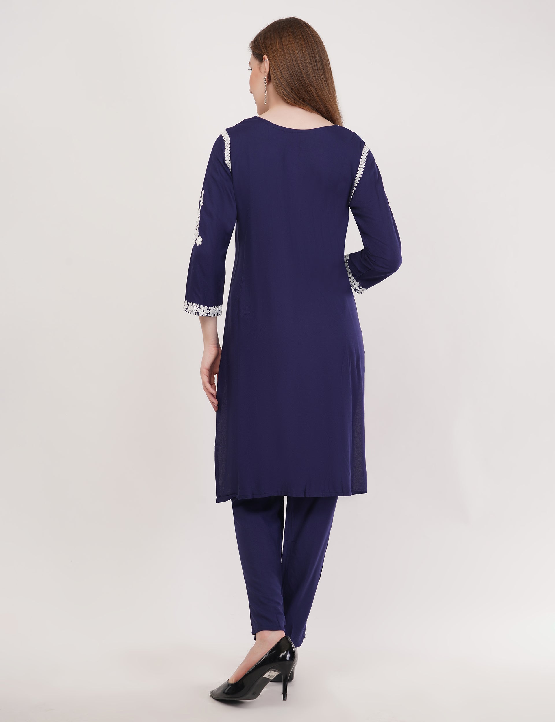 Navy Blue Ethnic Kurti Co-Ord Set With White Embroidery - Set Of 2