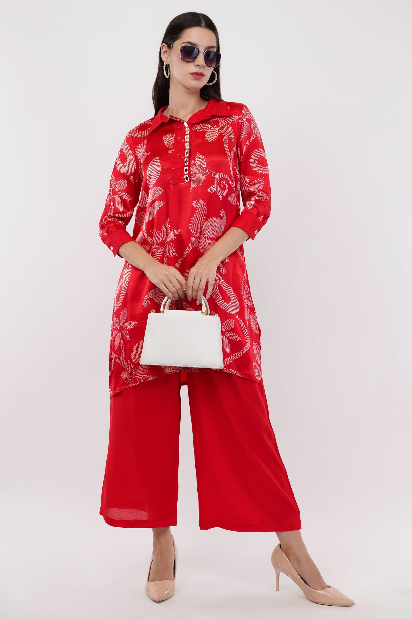 Red Gaji Silk Printed Shirt Co-Ord Set - Set Of 2