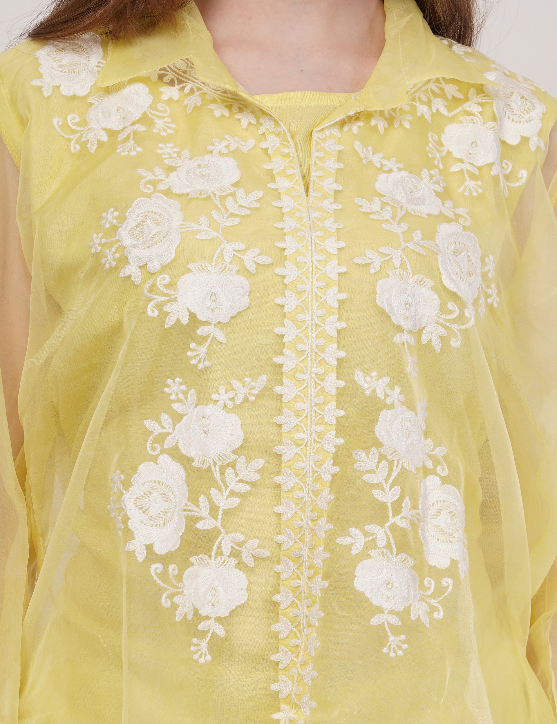 Yellow Embroidered Organza Co-Ord Set - Set Of 3