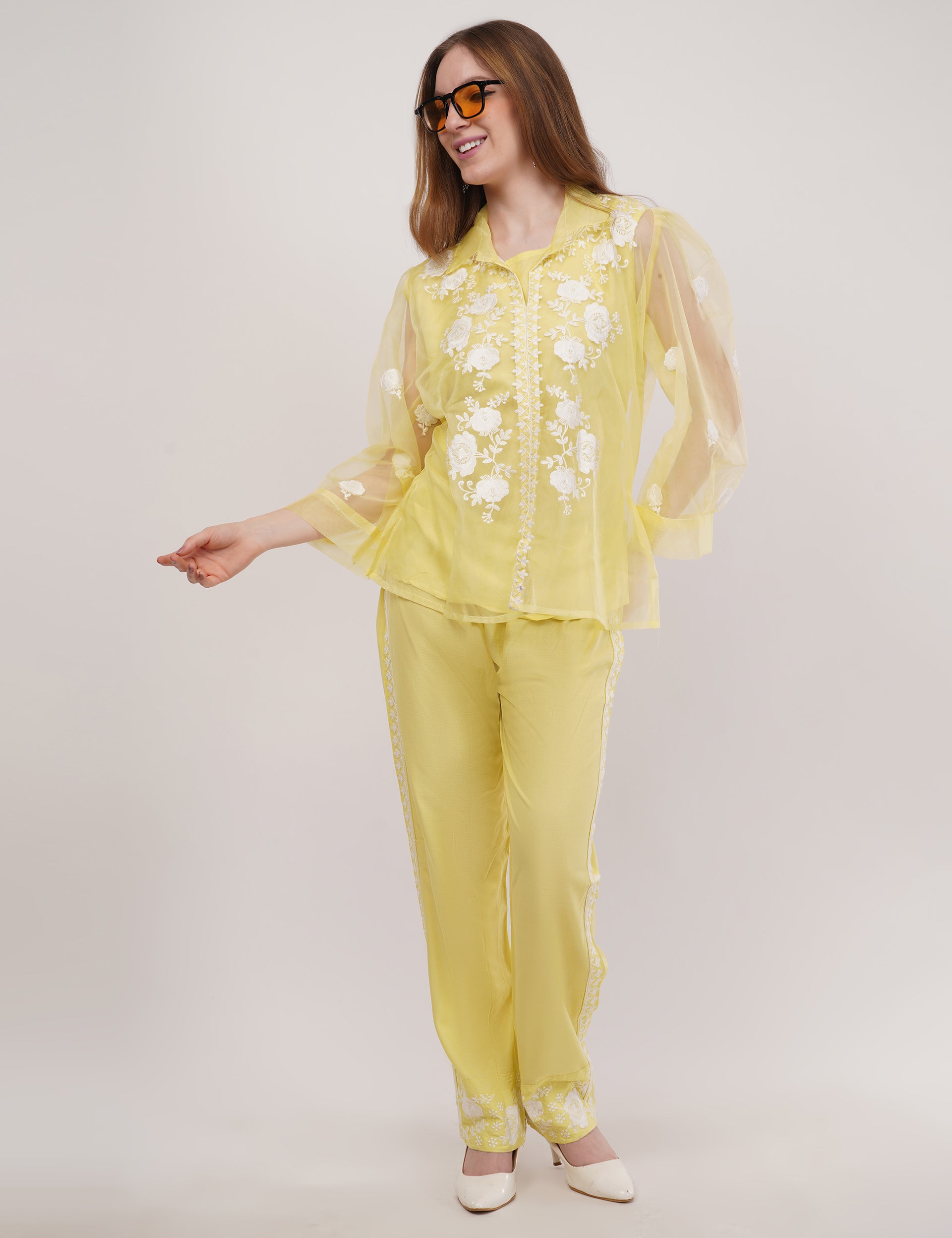 Yellow Embroidered Organza Co-Ord Set - Set Of 3