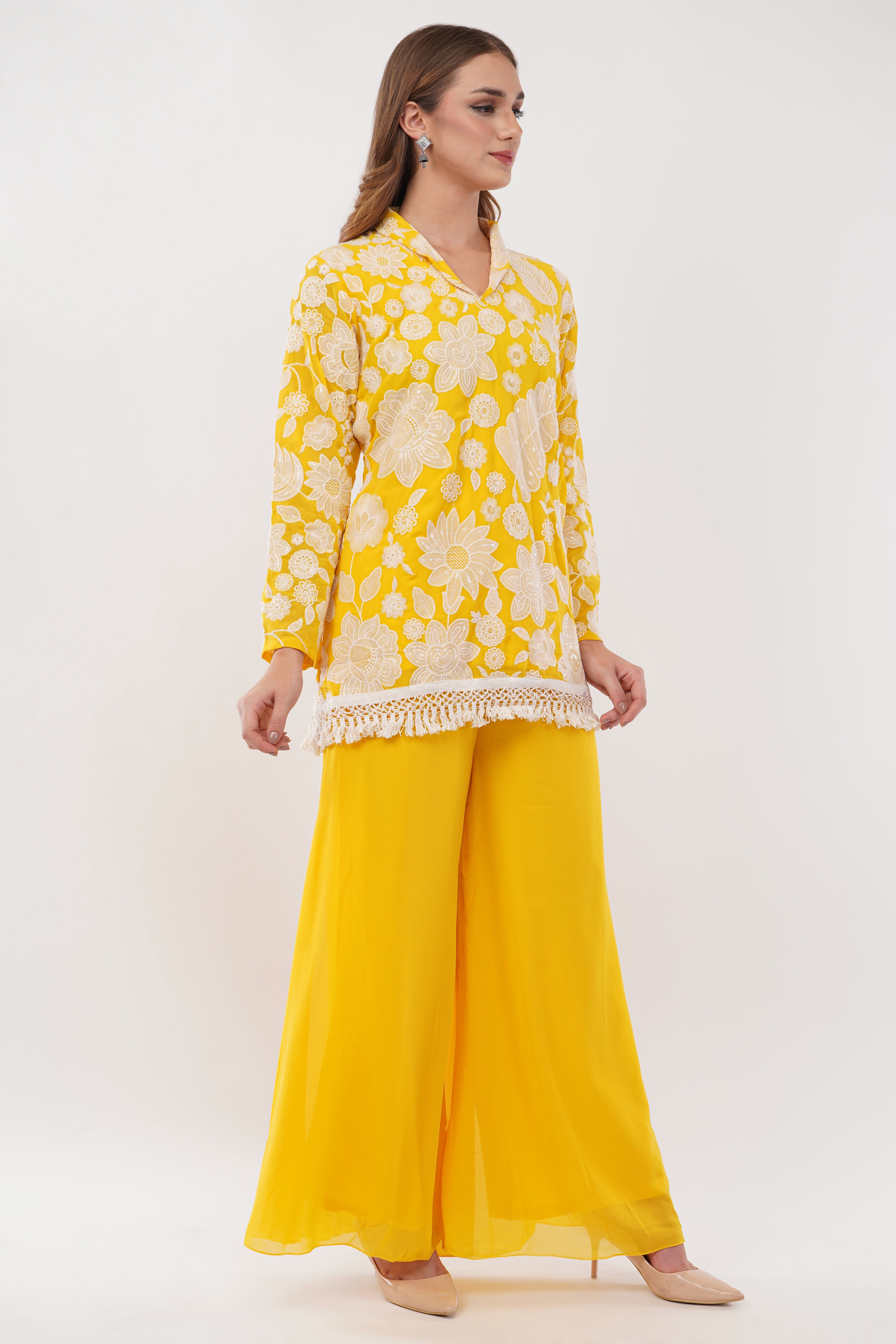 Yellow Embroidered Co-Ord Set With Contrasting Work - Set Of 2