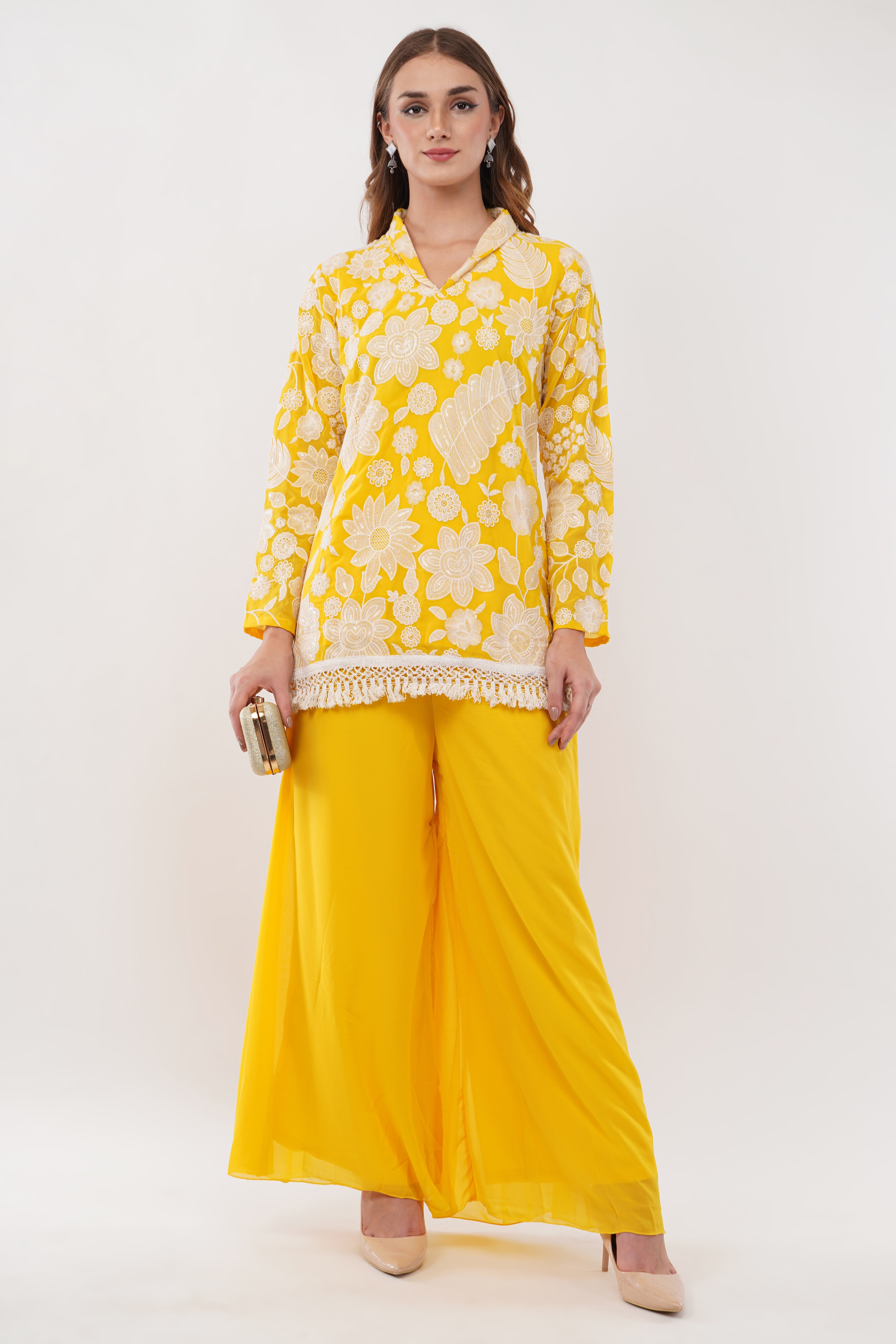 Yellow Embroidered Co-Ord Set With Contrasting Work - Set Of 2