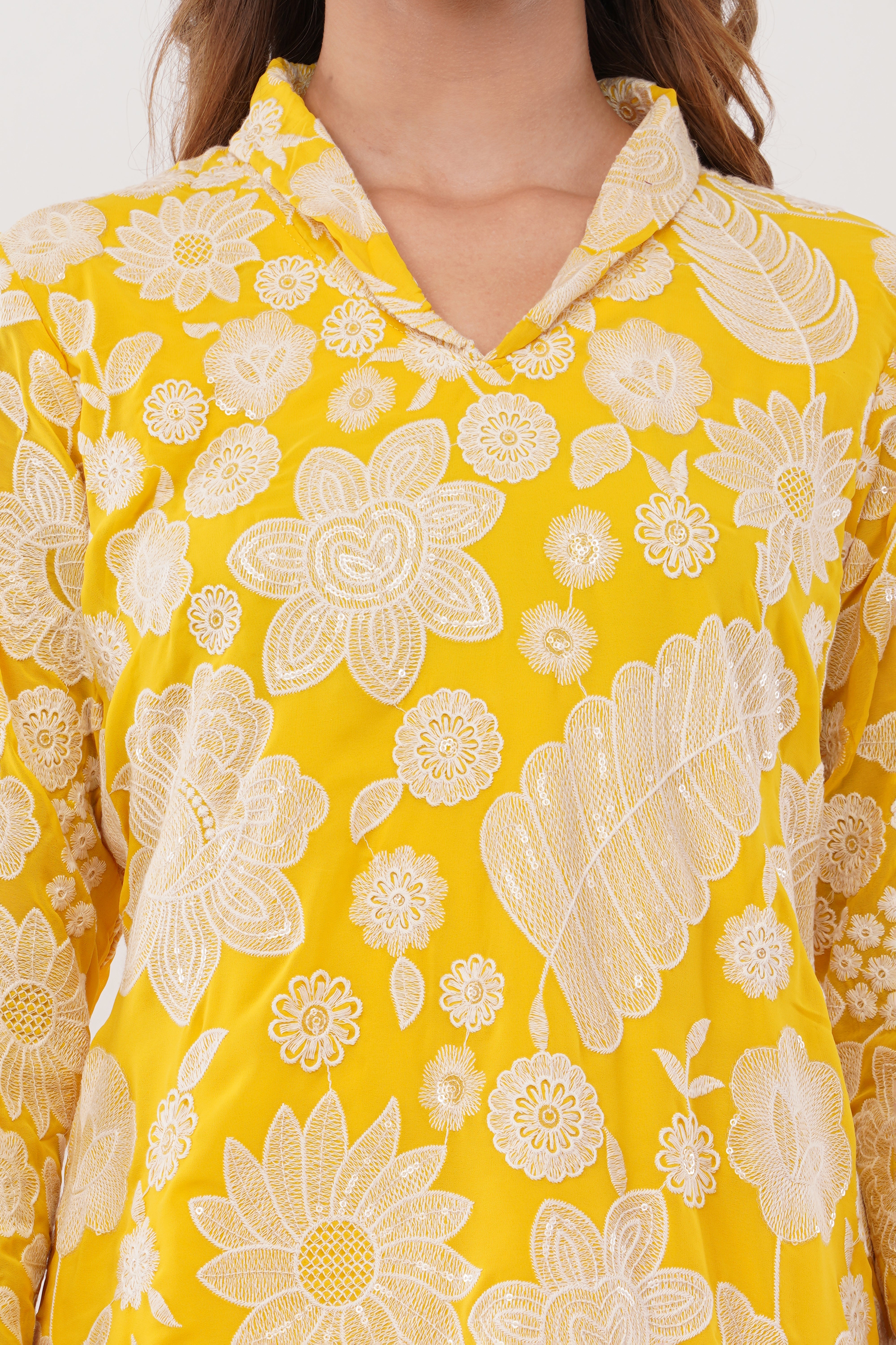 Yellow Embroidered Co-Ord Set With Contrasting Work - Set Of 2
