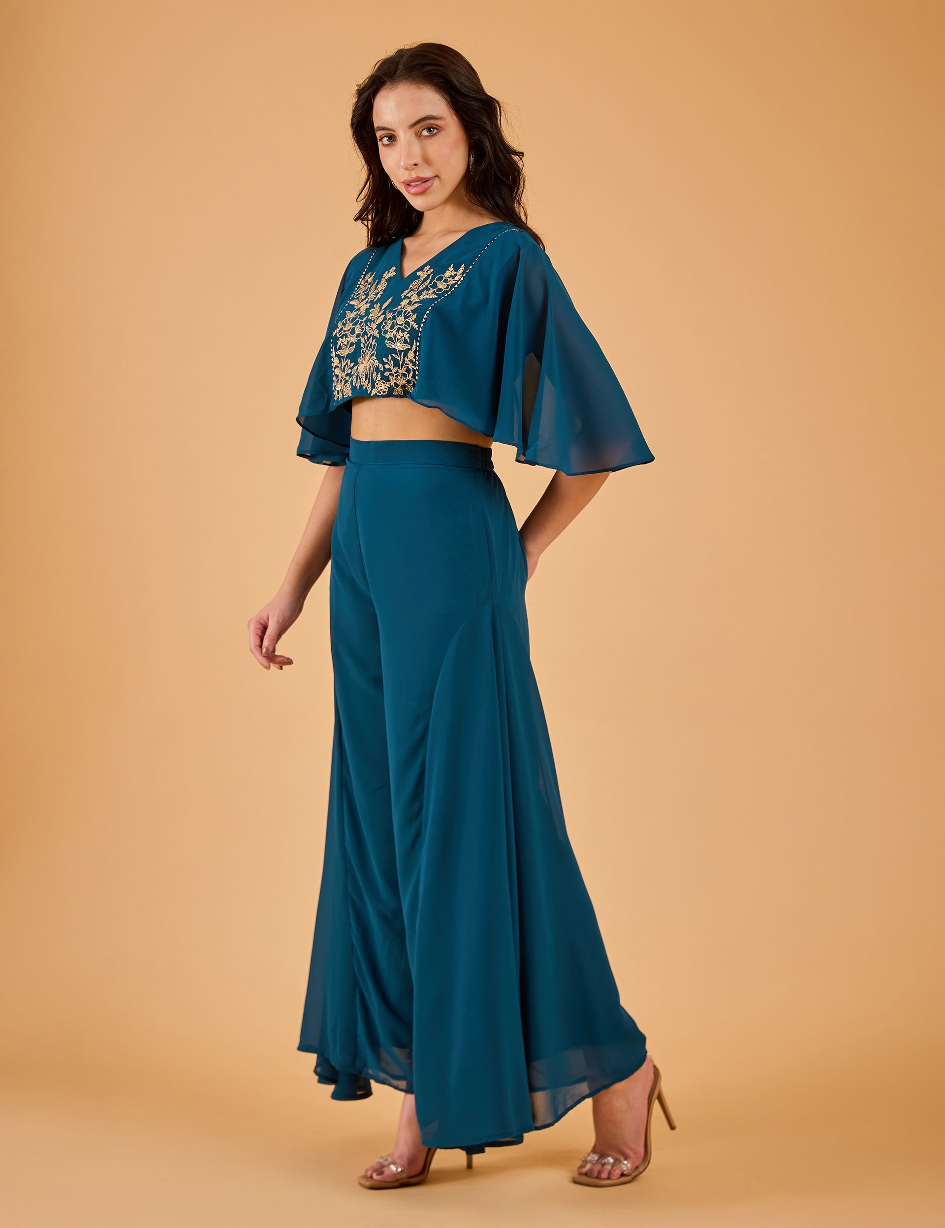 dhartii  Teal Bloom Solid Embroidered Fusion Set