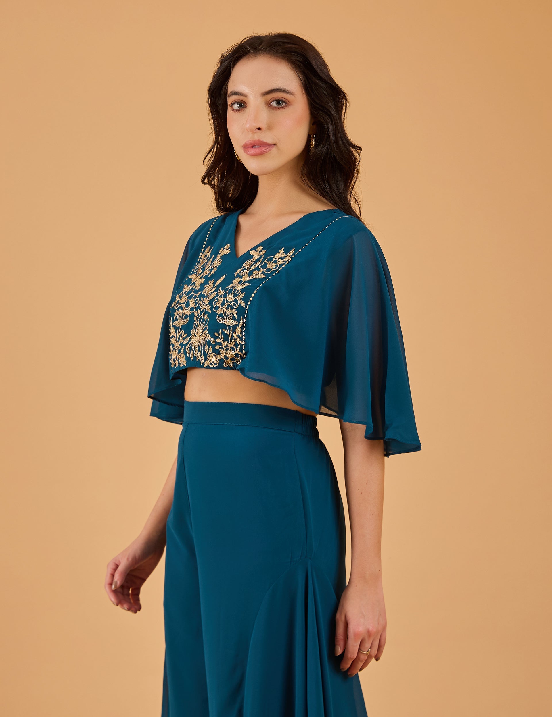 dhartii  Teal Bloom Solid Embroidered Fusion Set