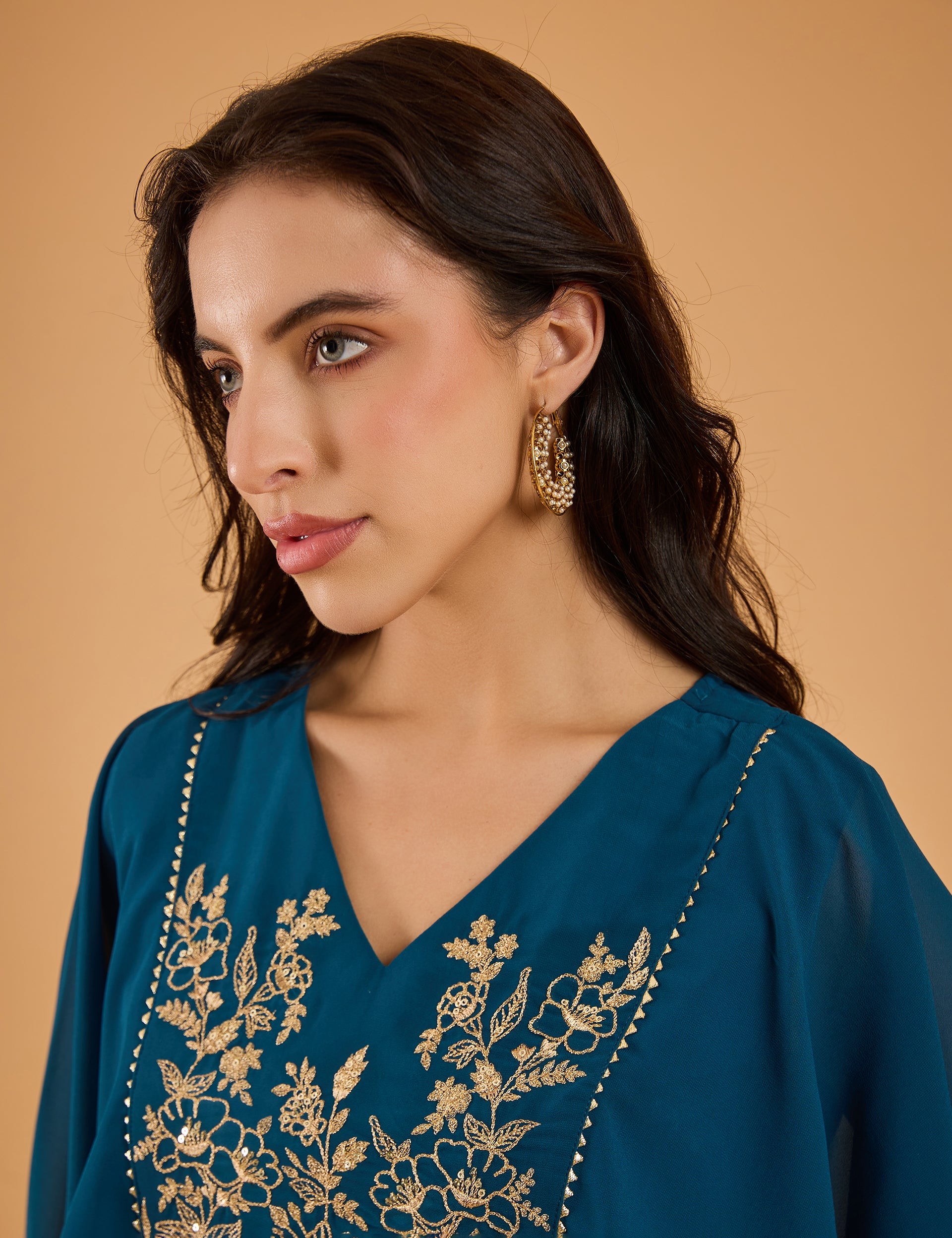 dhartii  Teal Bloom Solid Embroidered Fusion Set