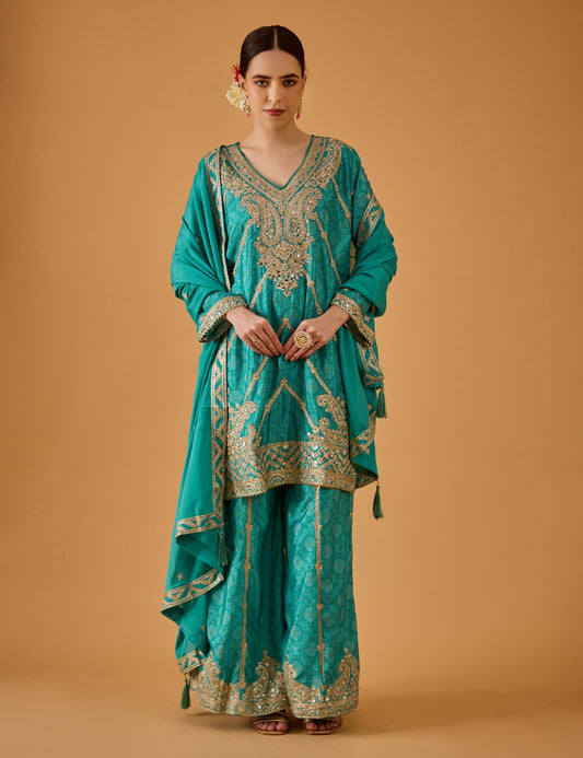 dhartii Sea Green Machine Embroidery Ethnic Chinon Sharara Set