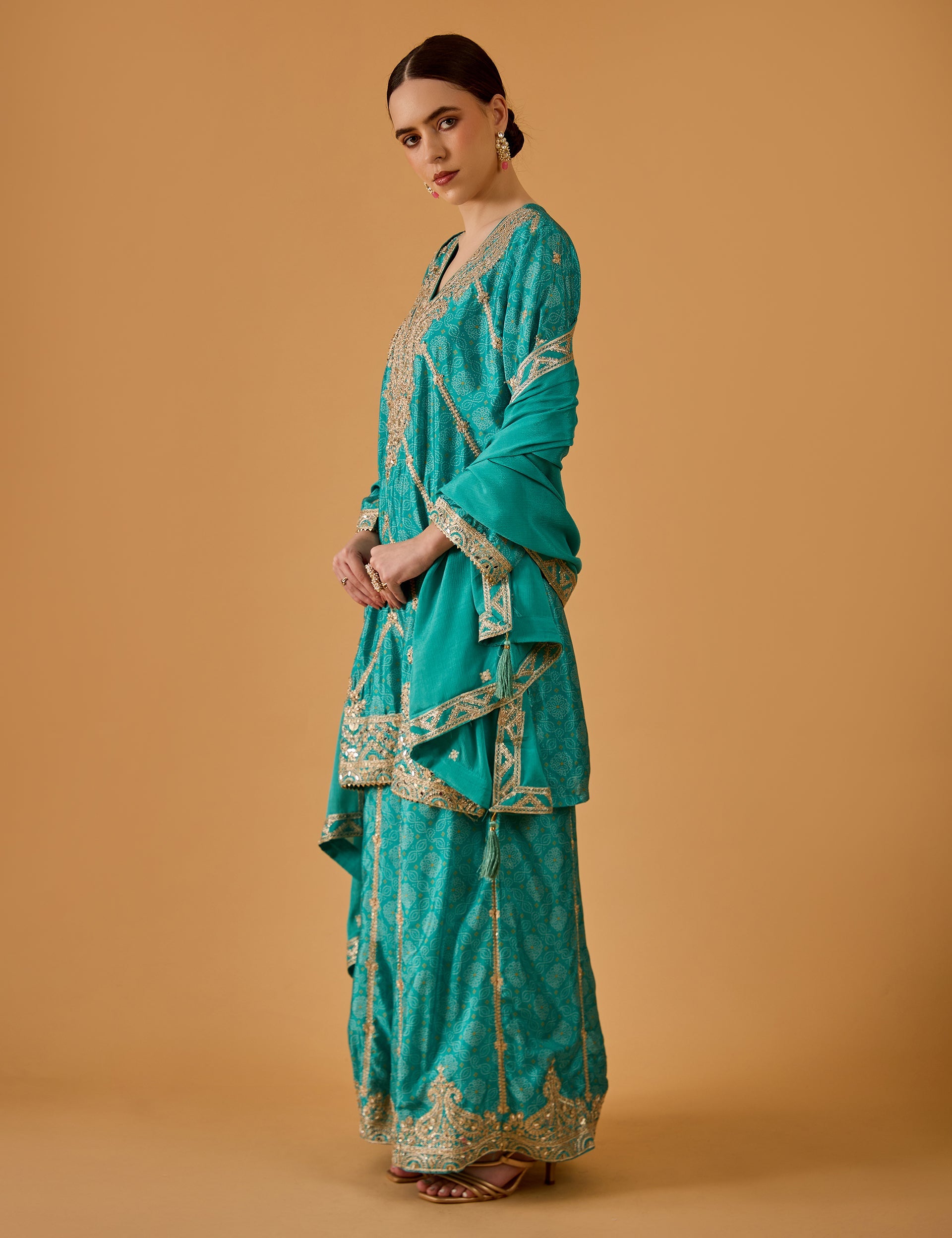dhartii  Sea Green Machine Embroidery Ethnic  Chinon Sharara Set