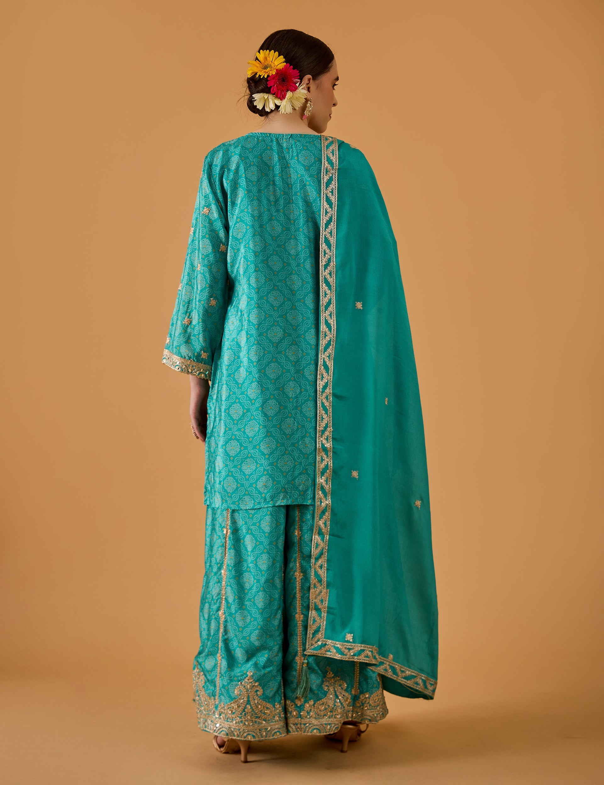 dhartii  Sea Green Machine Embroidery Ethnic  Chinon Sharara Set