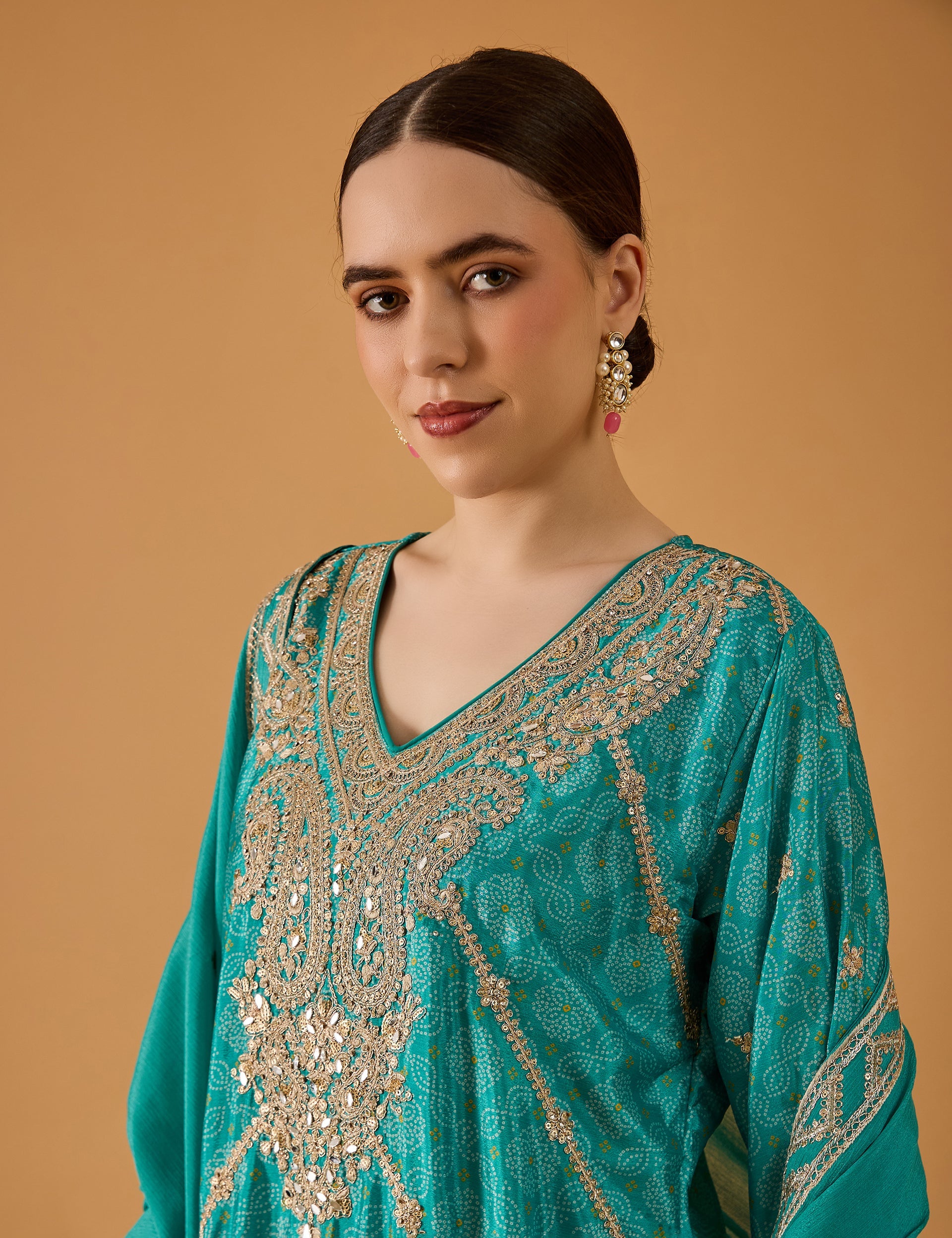 dhartii  Sea Green Machine Embroidery Ethnic  Chinon Sharara Set