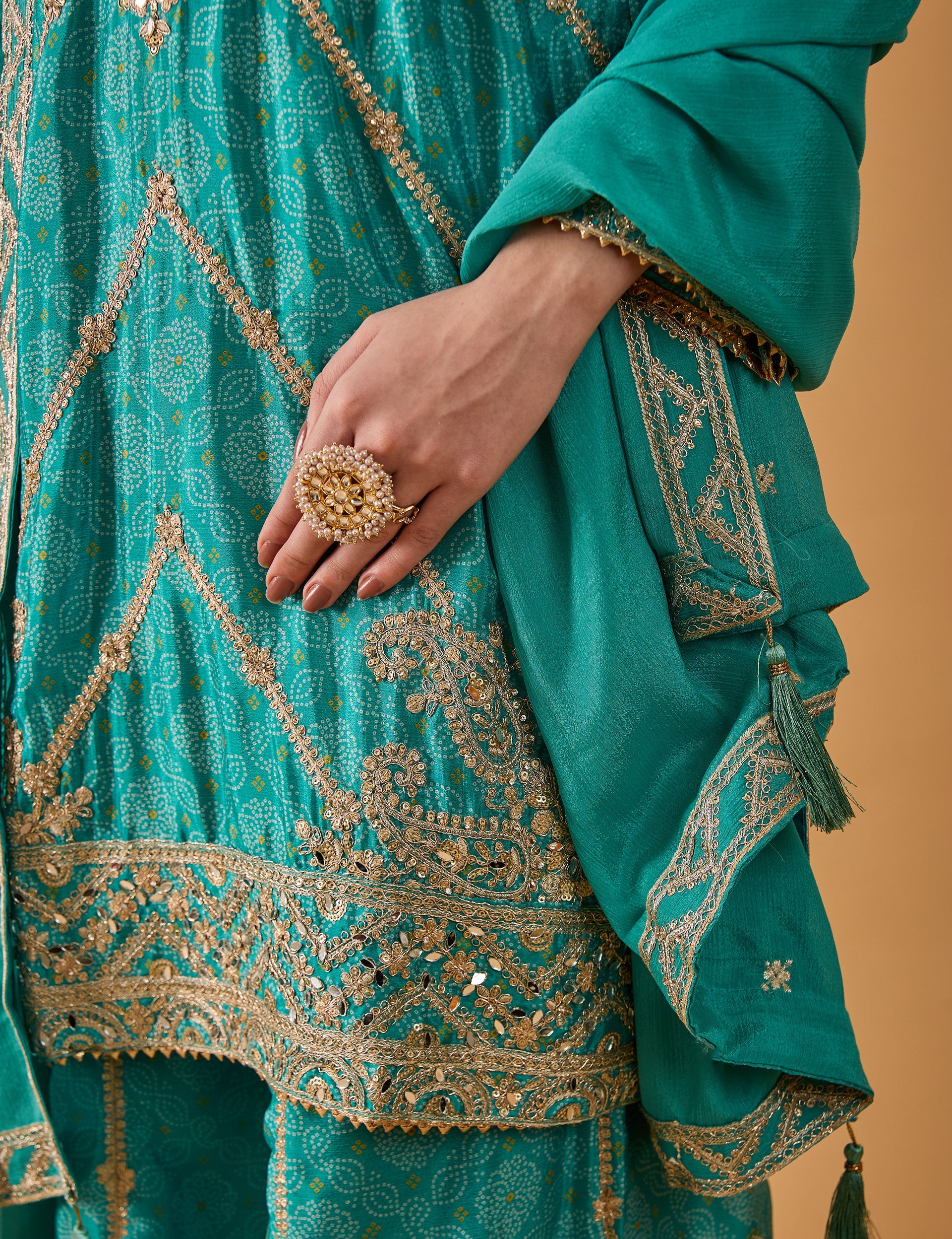 dhartii  Sea Green Machine Embroidery Ethnic  Chinon Sharara Set
