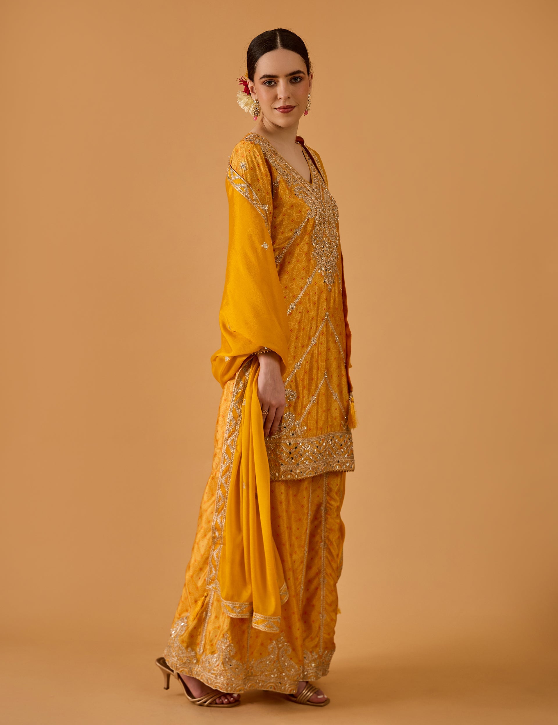dhartii  Bright Radiant yellow Embroidered Chinon Sharara Set