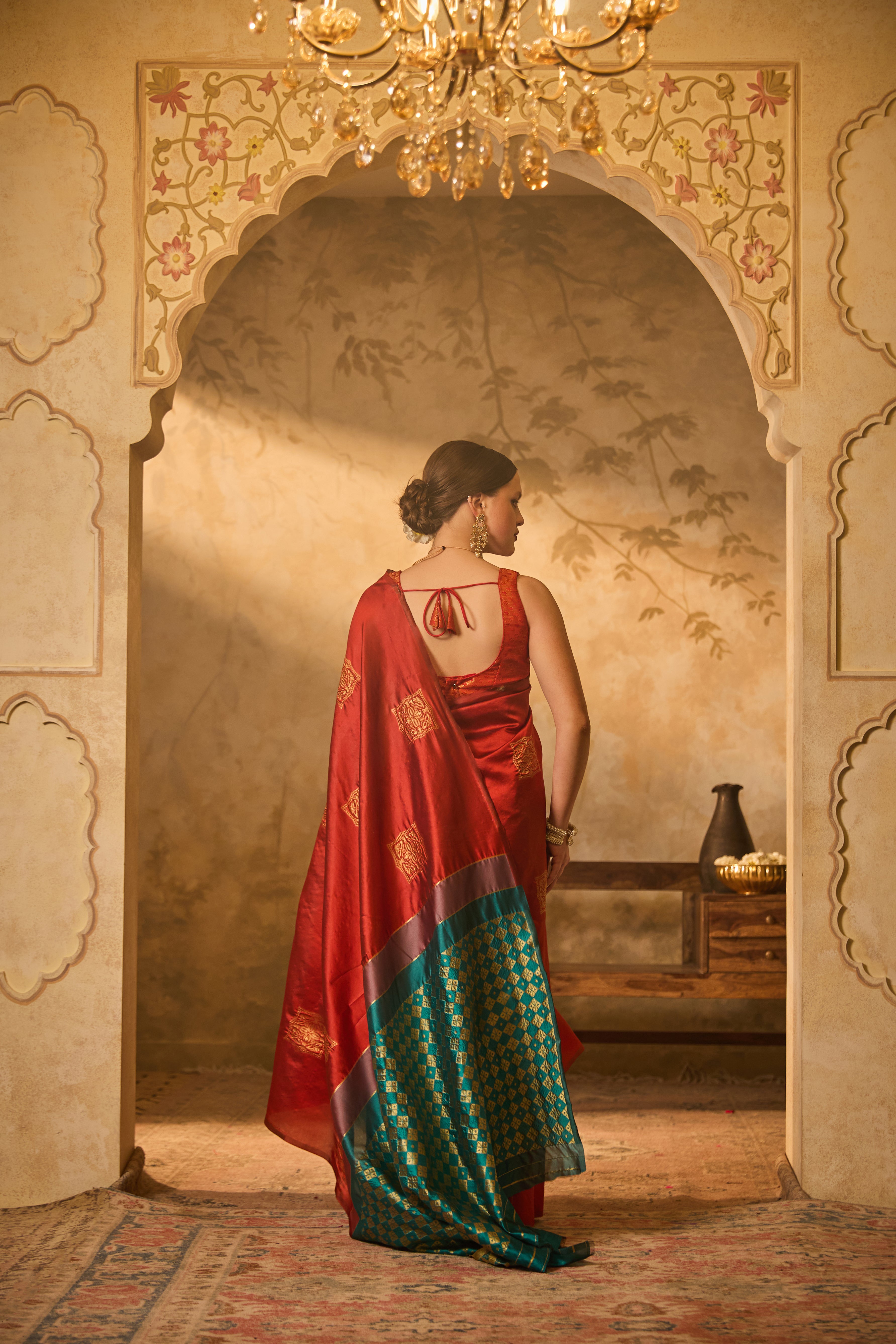 Coral Red & Teal Pallu Banarasi Silk Saree With Gold Zari Motifs