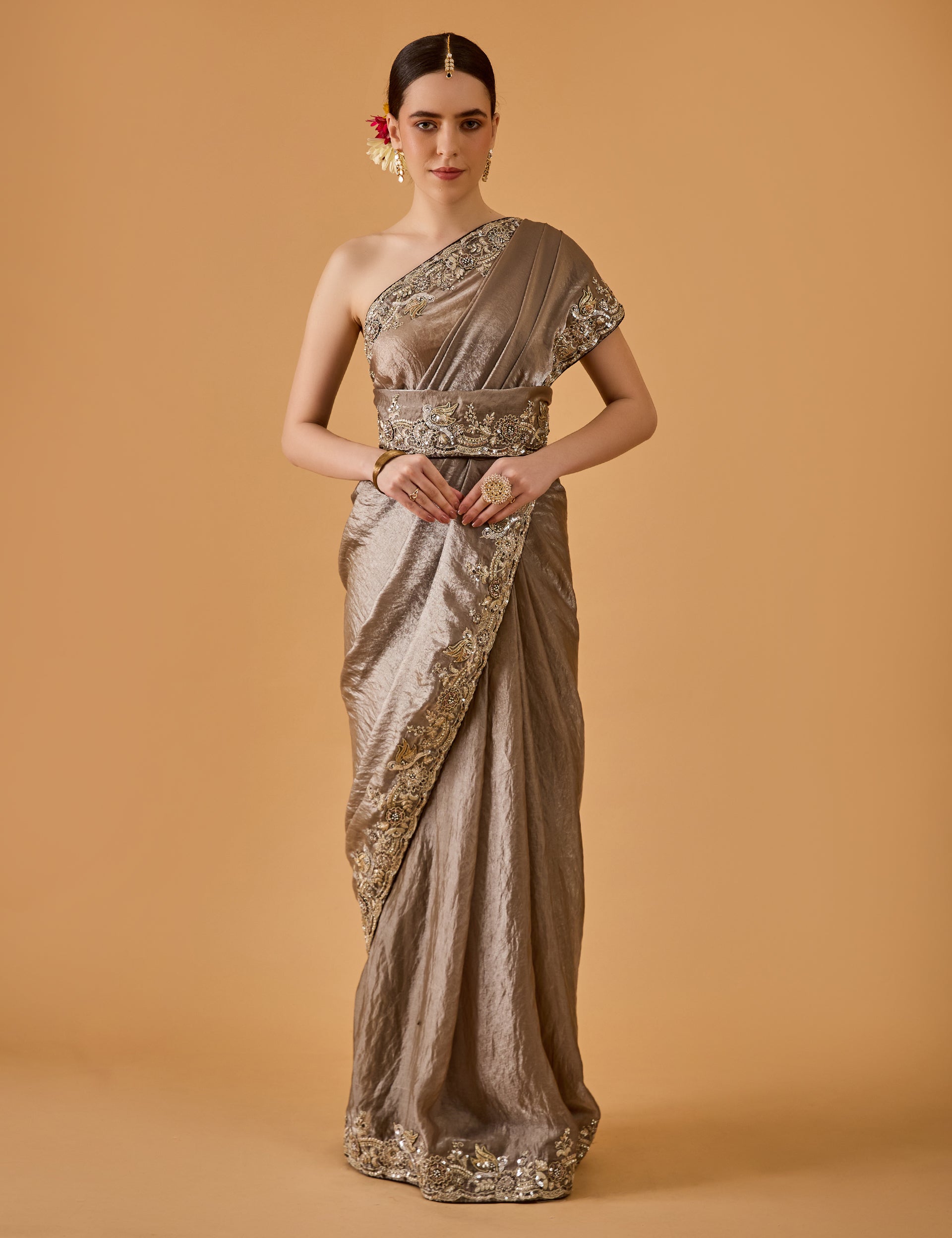 dhartii  Metallic Grey Grace Embroidered Silk Tissue Saree