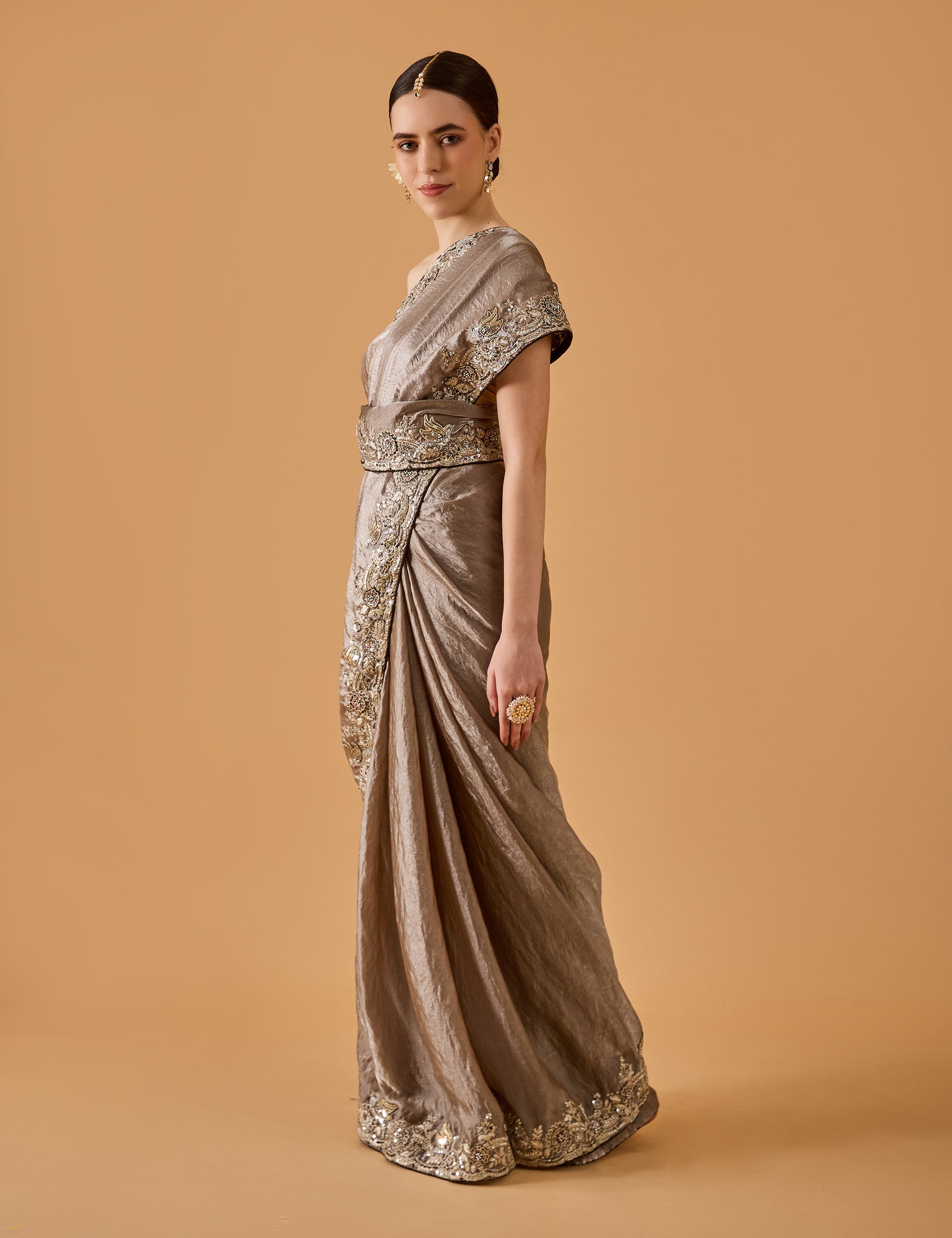dhartii  Metallic Grey Grace Embroidered Silk Tissue Saree