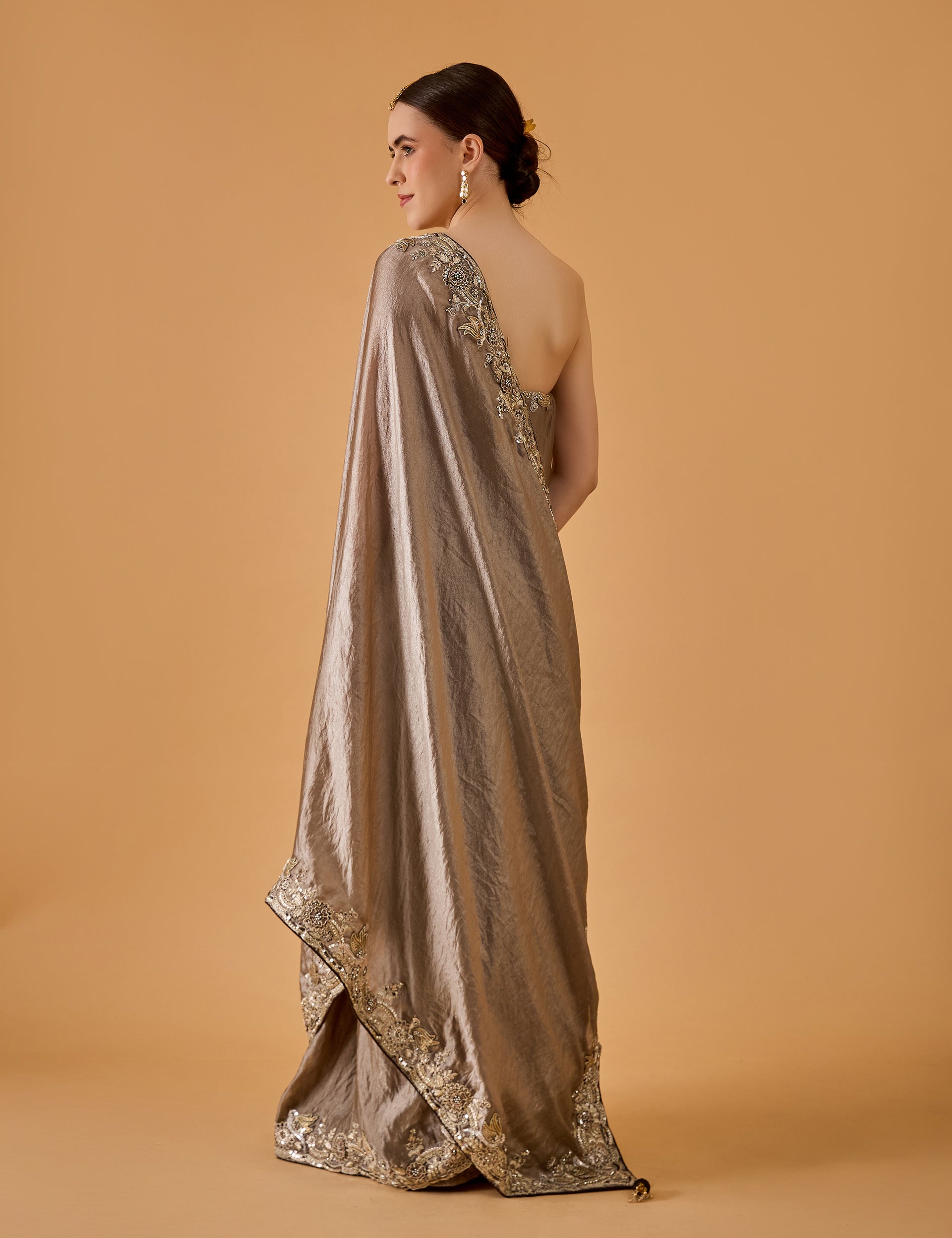 dhartii  Metallic Grey Grace Embroidered Silk Tissue Saree